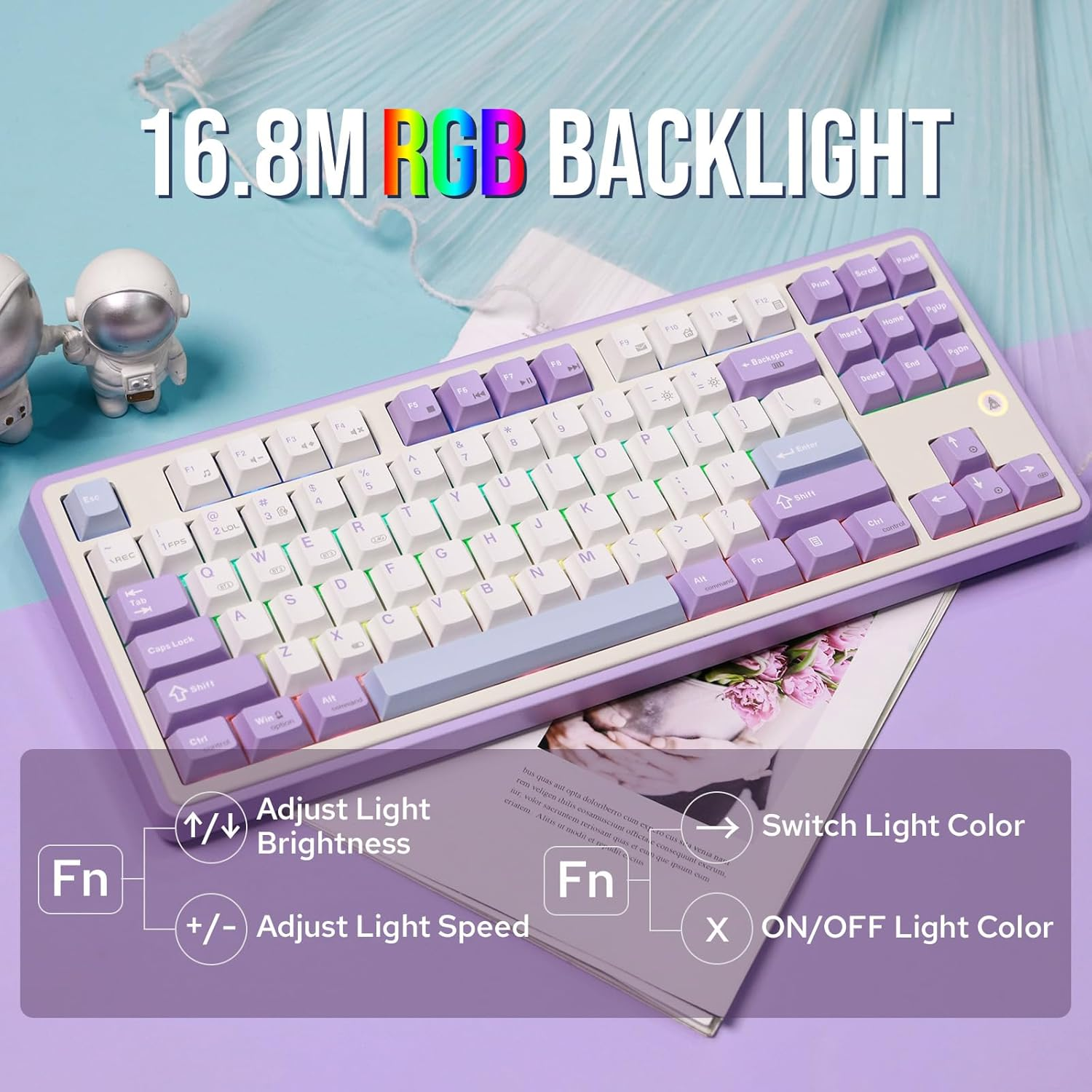 Mechlands Ajazz AK870 Gasket-Mounted Wireless Gaming Keyboard, 87 Keys Compact TKL Bt5.0/2.4Ghz/Usb-C Mechanical Keyboard, with 5-Layer Padding, Flex-Cut PCB for Win/Mac (Purple, Flying Fish Switch)