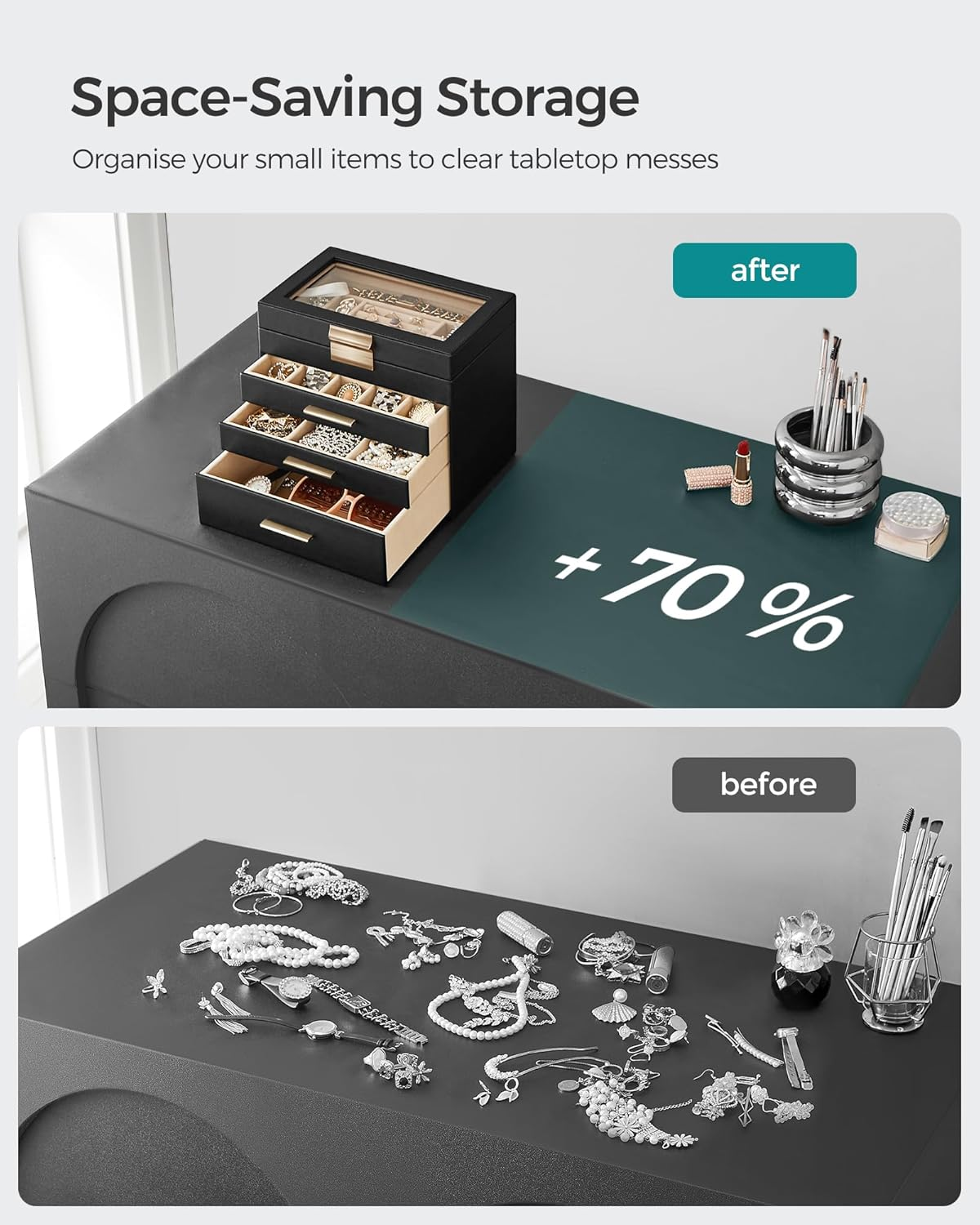 SONGMICS JBC161B02 4 Tier Jewellery Box with Glass Lid 3 Drawers Sunglasses Large Jewellery Storage Modern Graphite Black Gold image number 2