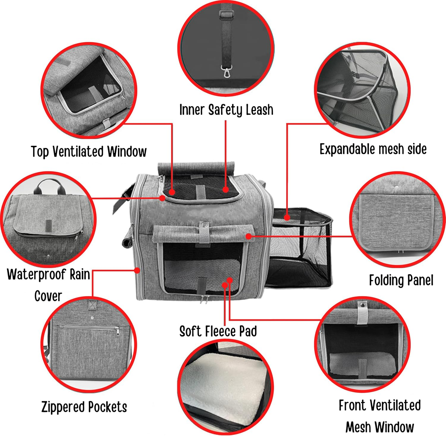 Dog Bike Basket, Expandable Soft-Sided Reflective Pet Carrier Backpack with 4 Open Doors, 4 Mesh Windows for Medium Small Dog Cat Puppies (Grey)