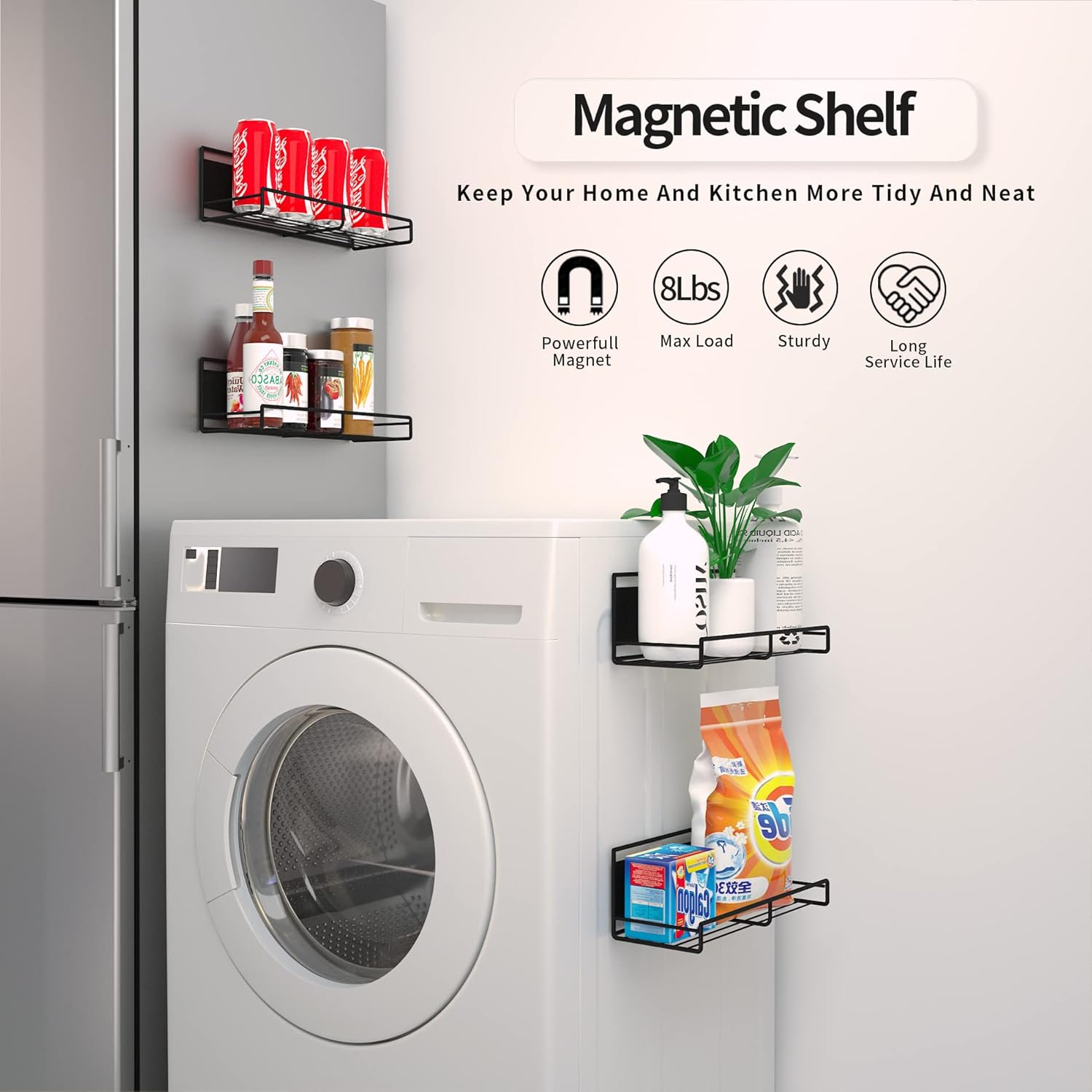 4 Pack Magnetic Spice Rack for Refrigerator,Spice Storage Fridge Shelf for Kitchen Organizer,Easy to Use (Black, 4 Pack) image number 3