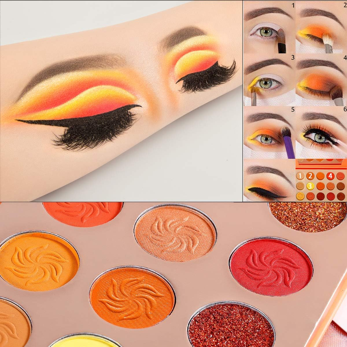 Red Eyeshadow Palette Matt Glitter, Afflano Coral Orange Red Eyeshadow Palette Highly Pigmented Waterproof, Nude Tones Earth Tones Rose Yellow Gold Warm Autumn Shimmer Glitter Eyeshadow Makeup Palette Set image number 3