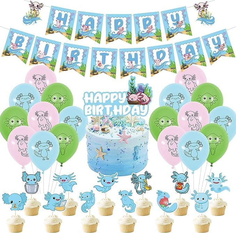Cute Axolotl Birthday Party Supplies, Including Cake Caps, Cupcake Caps, Flags, Latex Balloons,It Is Very Suitable for Cute Axolotl Themed Birthday Party Supplies. image number 5