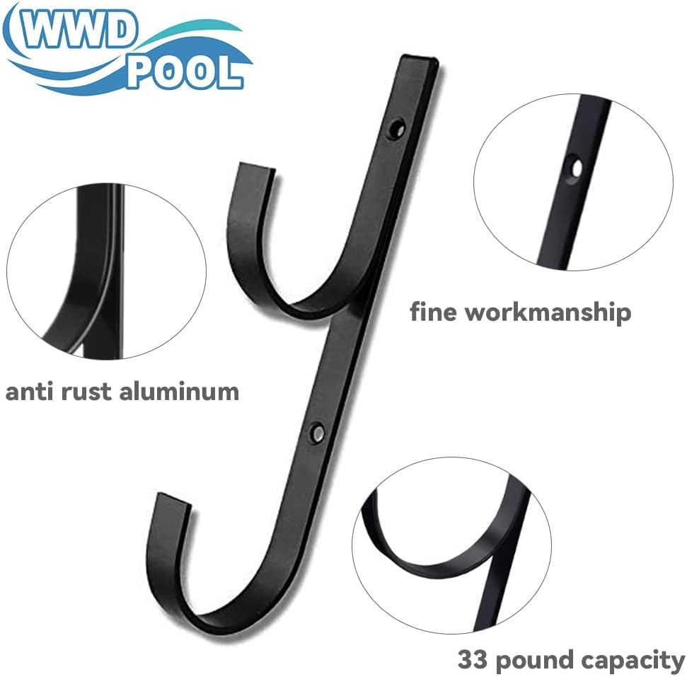 WWD Pool Swimming Pool Aluminum Pole Hanger Set, Black, 2-Pack (4 Hooks), for Telescoping Poles, Leaf Rakes, Skimmers, Nets, Brushes, Vacuum Hoses (2 Pair [ Black ]) - 11079A-Silver image number 2