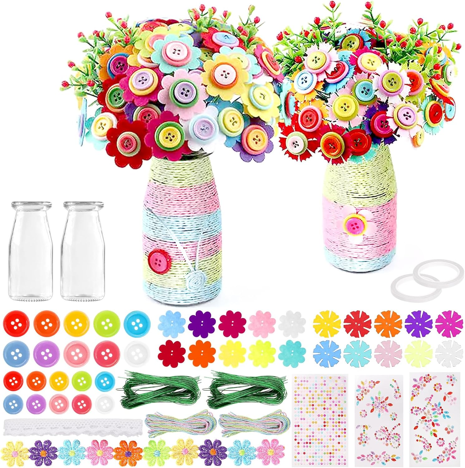 Swpeet 253Pcs Flower Craft Kit, Make Your Own Flower Bouquet with Buttons Felt Flowers, DIY Activity Supplies Vase Art and Craft Kits for Most Craft Project image number 6
