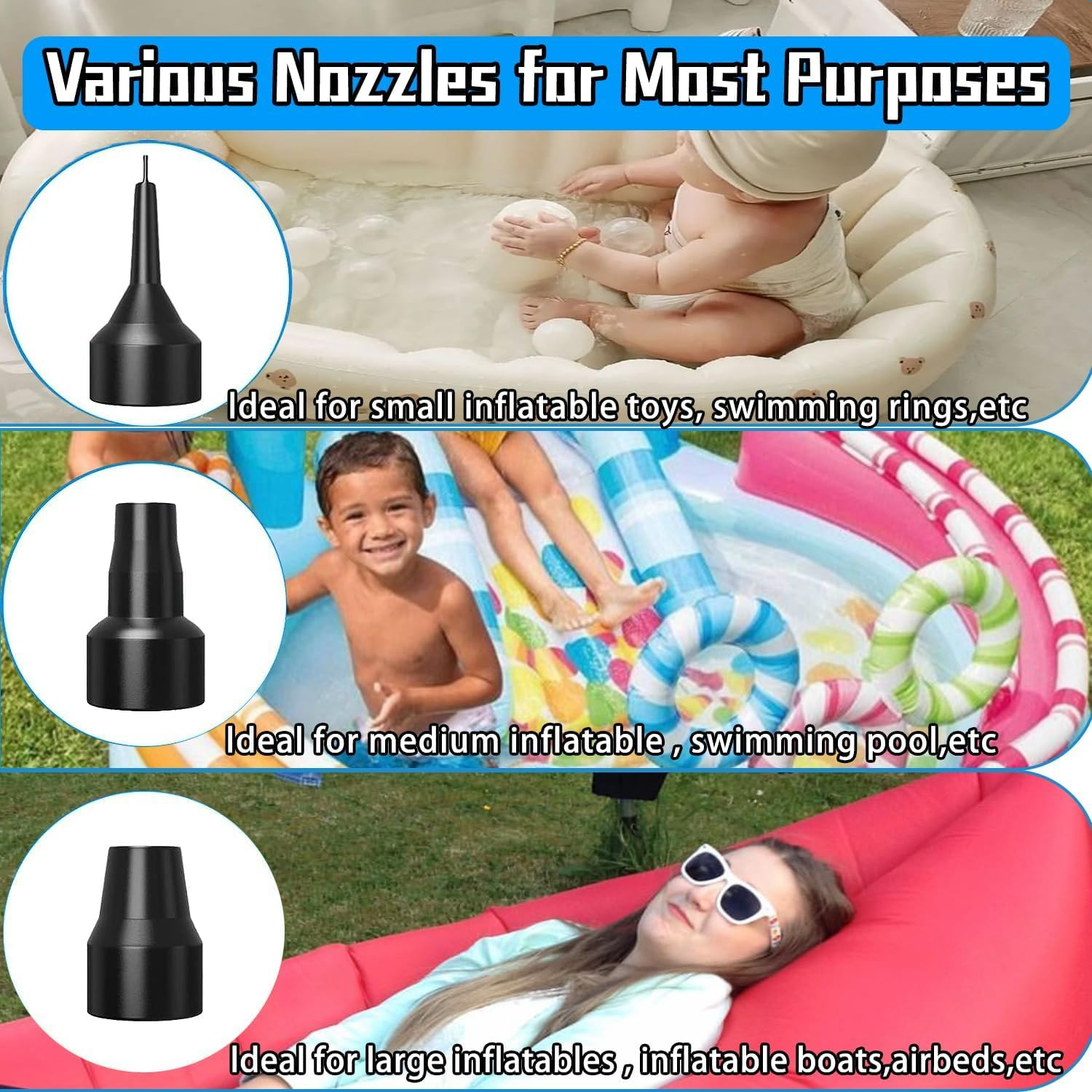 Electric Air Pump Portable for Swimming Rings Inflatable Boat Air Mattresses Pool Floats Raft Sofa Kayakquick-Fill Air Pump with 3 Nozzles, 110-240V AC/12V, Perfect Inflator/Deflator Pumps image number 6