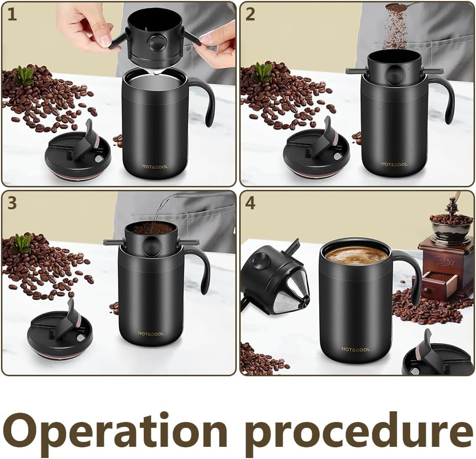 Camping Pour over Coffee Maker Set,Portable Caf Kit, Vacuum Insulated Mug,Stainless Steel Drink Cup, Multi-Purpose with Coffee Dripper,For Travel, Camping, Officing, Backpacking