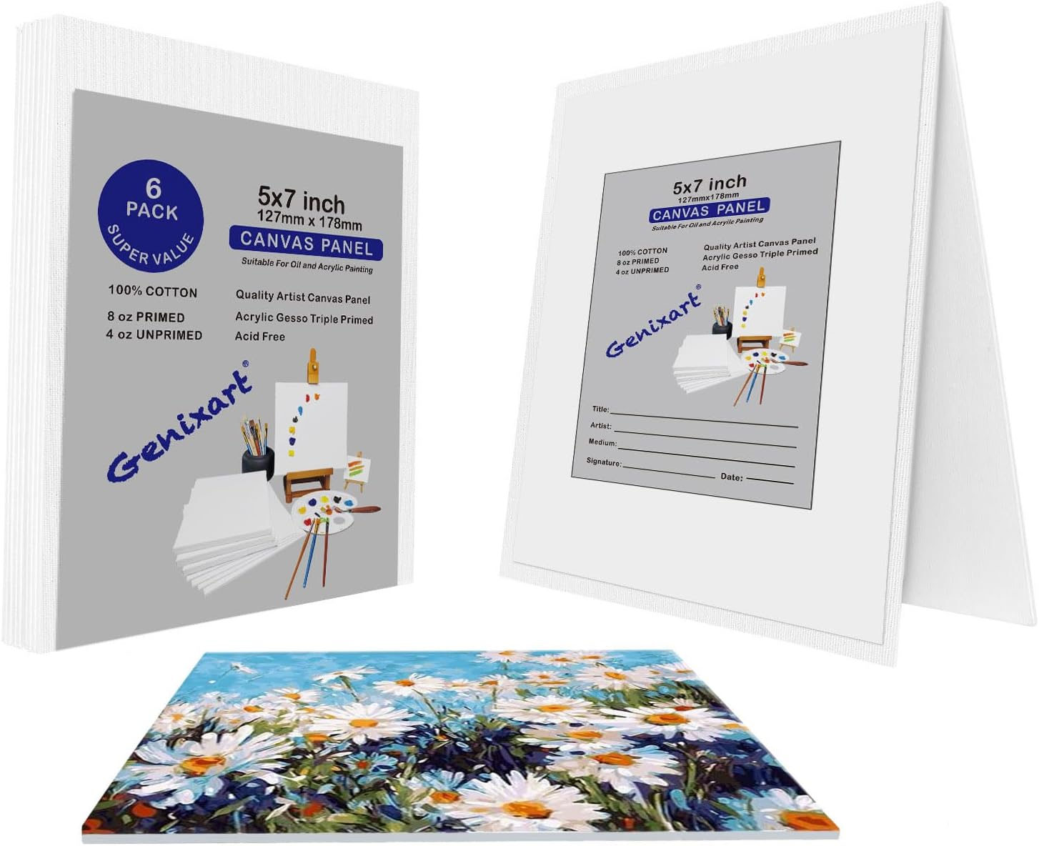 Genixart Canvas Panels for Painting, 100% Cotton, Professional Artist Quality Acid Free Primed Canvas Boards for Oil & Acrylic Painting. (13X18Cm / 5"X7" -6Pcs)