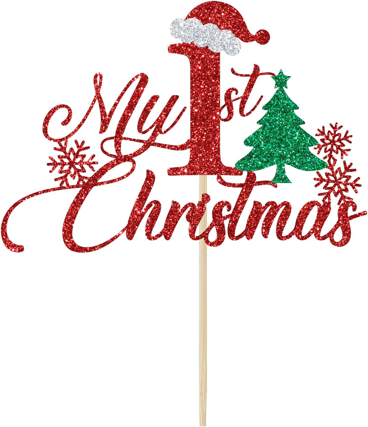My 1St Christmas Cake Topper, Christmas 1St Birthday, Winter Xmas Baby Shower Decor, Baby'S First Christmas Party Decorations, Red Glitter image number 1
