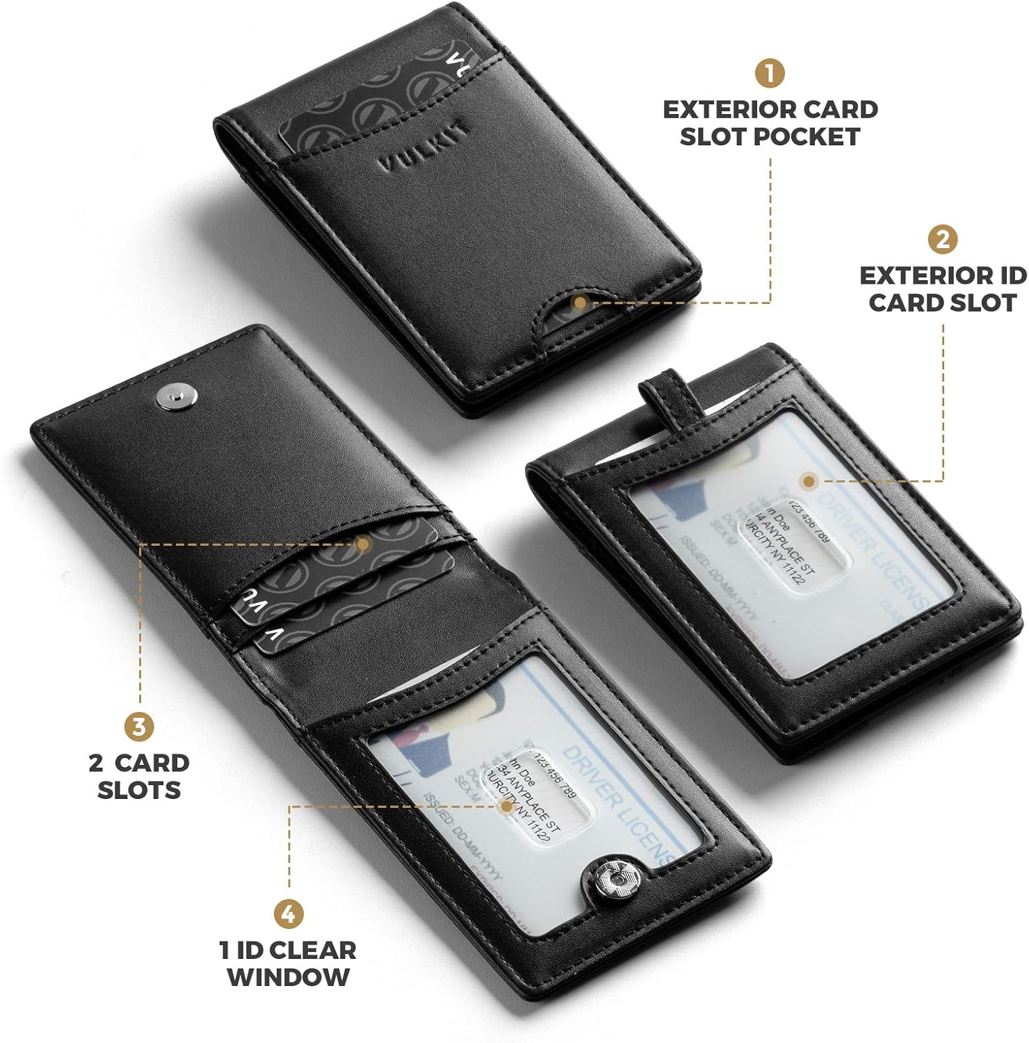 VULKIT Badge Holder Retractable Clip, Leather Bifold Double ID Card Holder, Retractable Keychain Carabiner, Holds 5 Cards, Keys Black image number 4