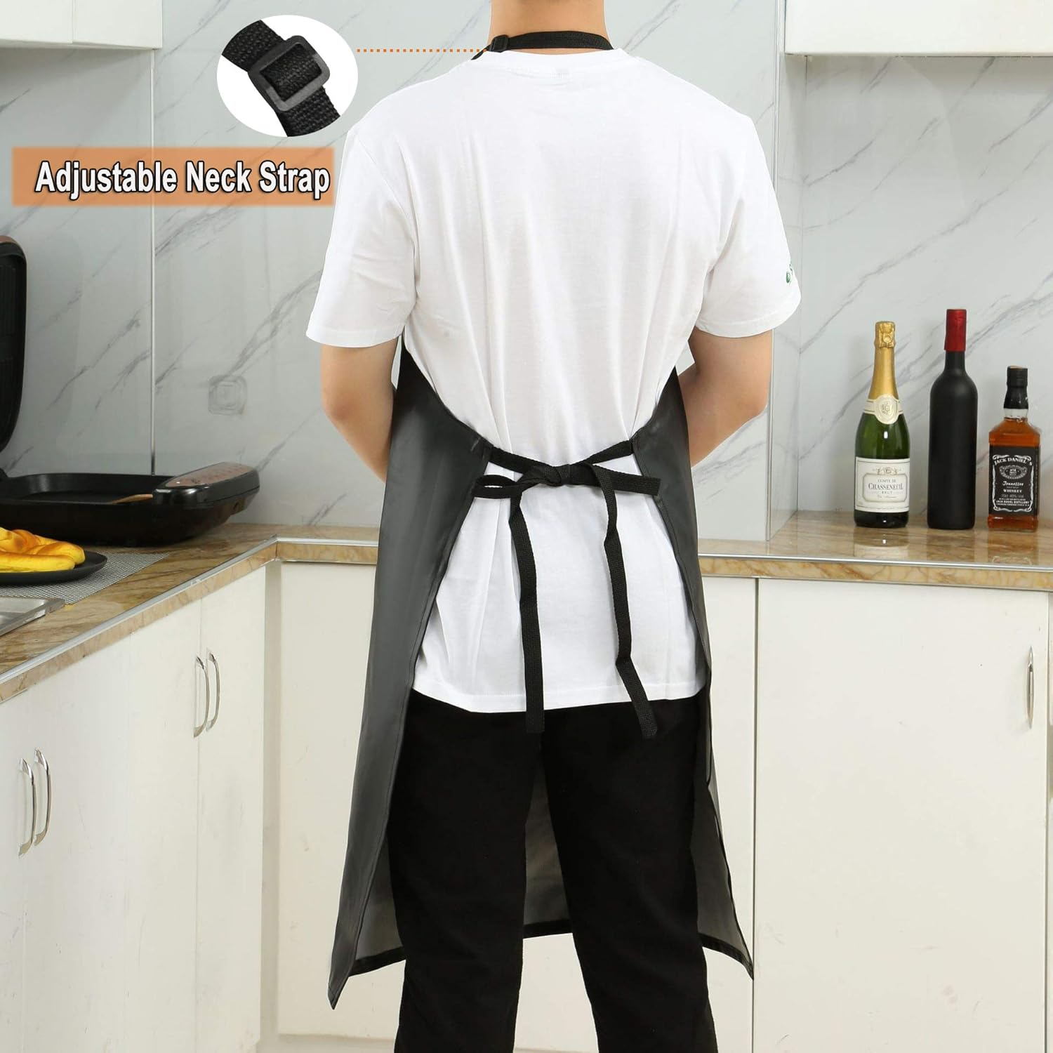 Waterproof Rubber Vinyl Apron with Adjustable Length Neck Strap, Heavy Duty 36.6" Plastic Apron Keeps You Clean and Dry When Dishwashing, Lab Work, Butcher, Dog Grooming, Cleaning Fish, Black image number 3