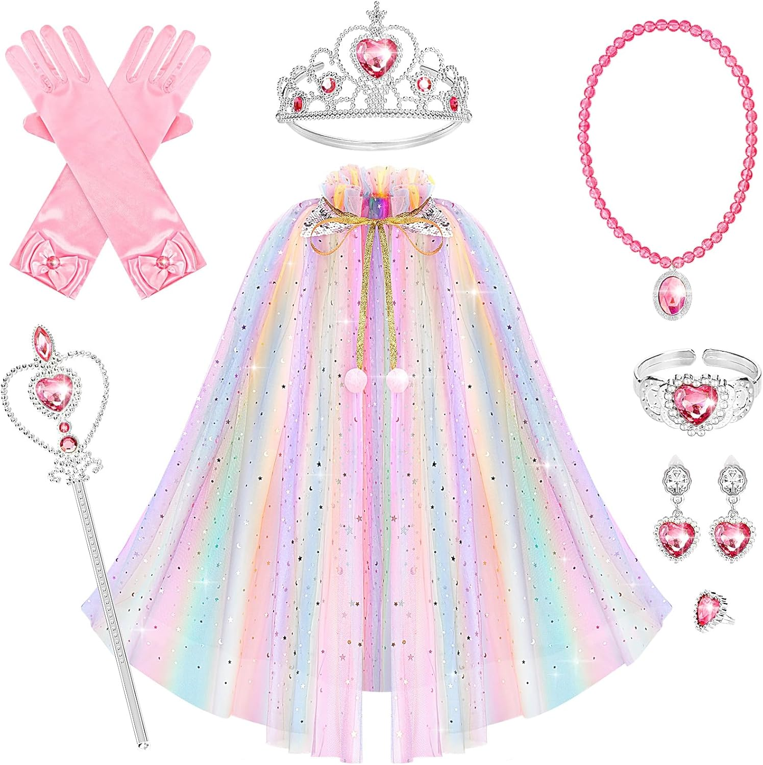 Hapgo 10 Pieces Princess Cape Set Dress up Clothes for Little Girls Party Cosplay Cloak with Jewelry Tiara Crown Wand Gloves