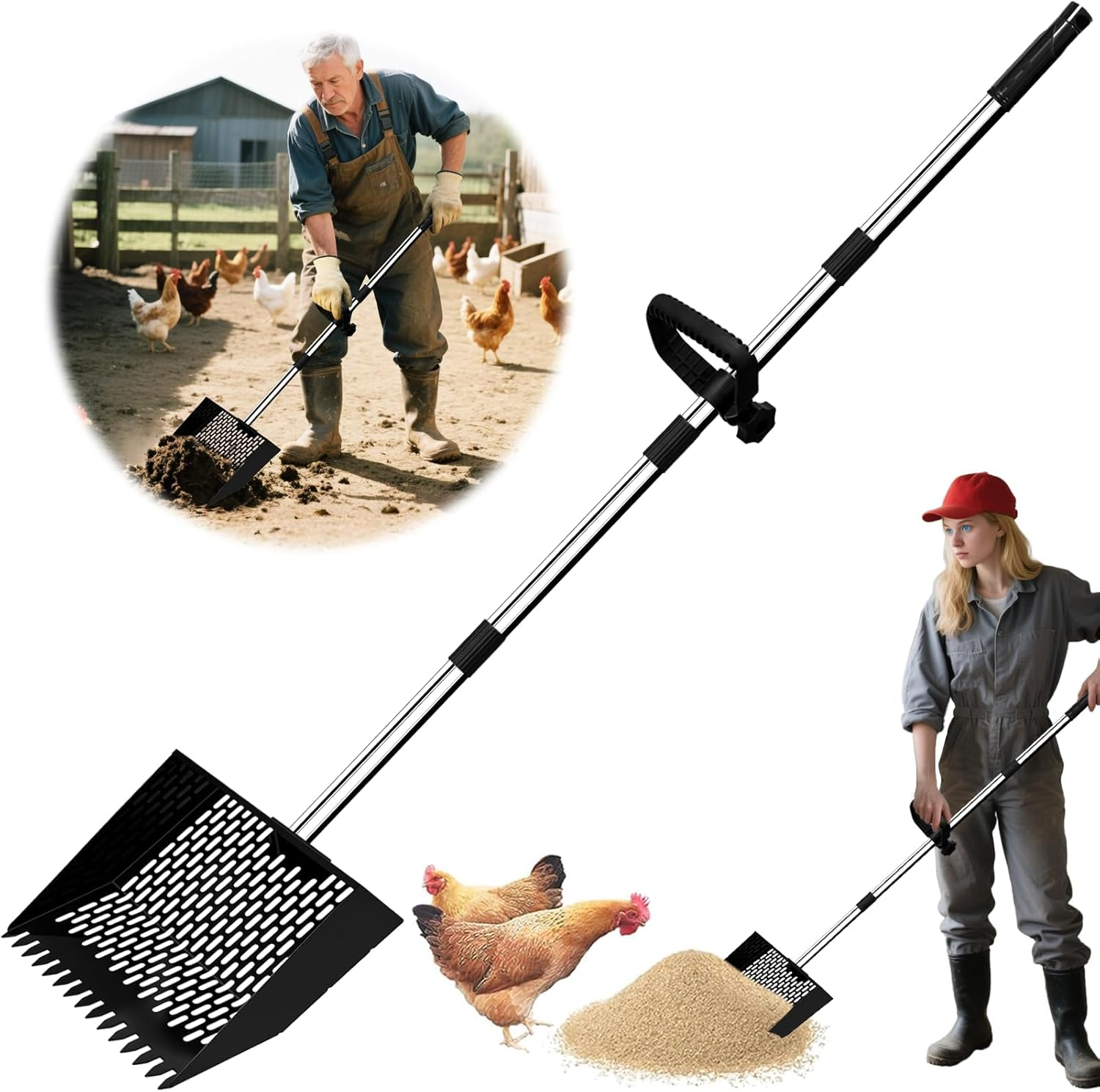 2-In-1 Chicken Poop Scooper & Rake, 10" Wide 63" Long Large Metal Chicken Coop Scooper for Sand with Ergonomic Grip, Heavy Duty Sifting Shovel Rake for Beach, Farm, Garden & Yard Waste (Black)