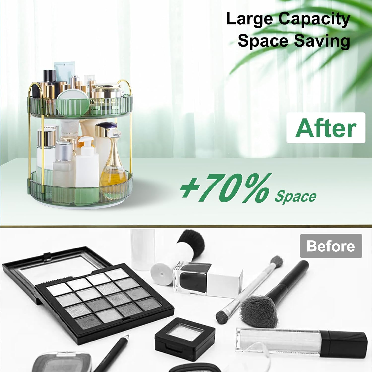 360 Rotating Makeup Organizer for Vanity, 2 Tier Perfume Skincare Organizers and Storage for Bathroom Countertop, Large Capacity Clear Spinning Counter Cosmetic Holder for Dresser, Green image number 1