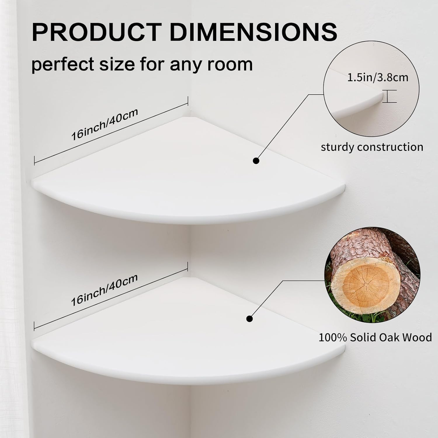 Corner Shelf, White Floating Corner Shelf, Set of 2 16Inch Solid Oak Wood Corner Wall Shelves, round End Wall Mount Display Shelf with Wire Hole for Small Plant for Bedroom Kitchen, Living Room image number 2