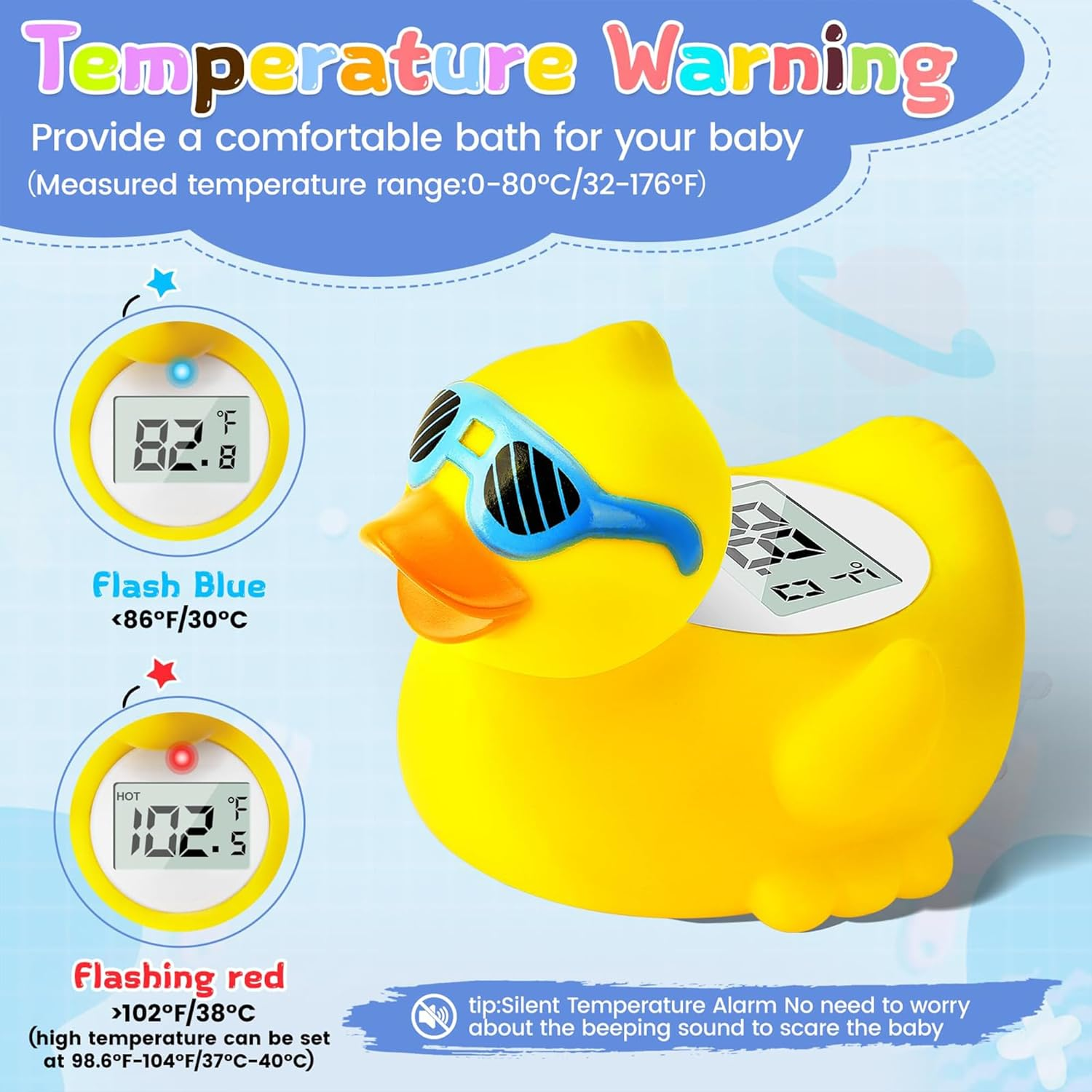 Baby Bath and Room Thermometer - Floating, Auto Sleep Mode, Adjustable Alerts, Safety Certified - Beach Duck image number 2