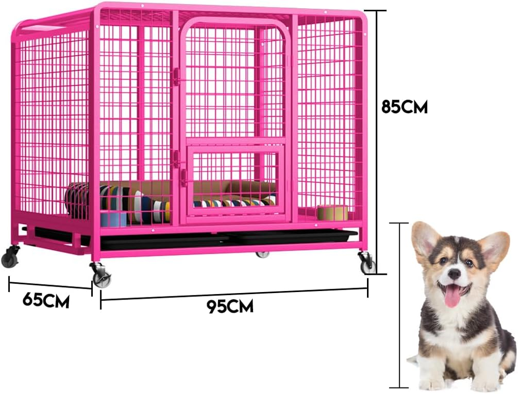 36" Dog Cage Crate,Large Kennel Pet Cage with Removable Tray&4 Rollers,Foldable Cat Puppy Metal Cage Playpen (Pink)