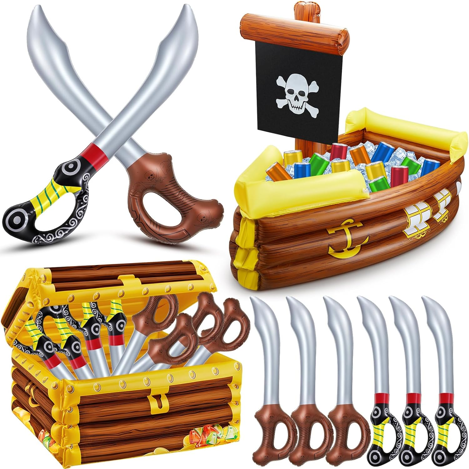 Cunhill 14 Pcs Inflatable Pirate Ship Drink Cooler Treasure Chest Set Party Decoration 1 PC Pirate Ship 1 PC Blow up Treasure Chest 12 Pcs Sword for Kid Birthday, Pool, Carnival Mardi Gras Party image number 4