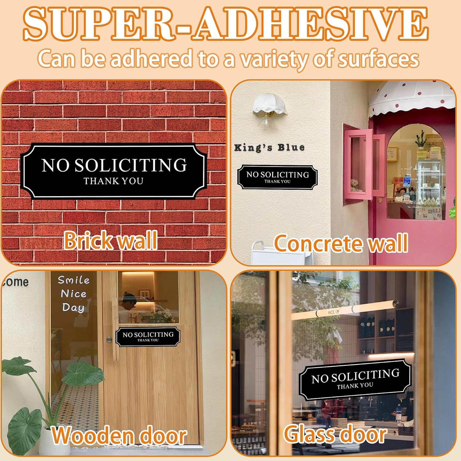 No Soliciting Sign for House Door, Self-Adhesive No Soliciting Sign for Front Door, 8 X 2.48 Inch No Soliciting Sticker for Yard, Apartments, and Office (1Pcs, White Letters) image number 4
