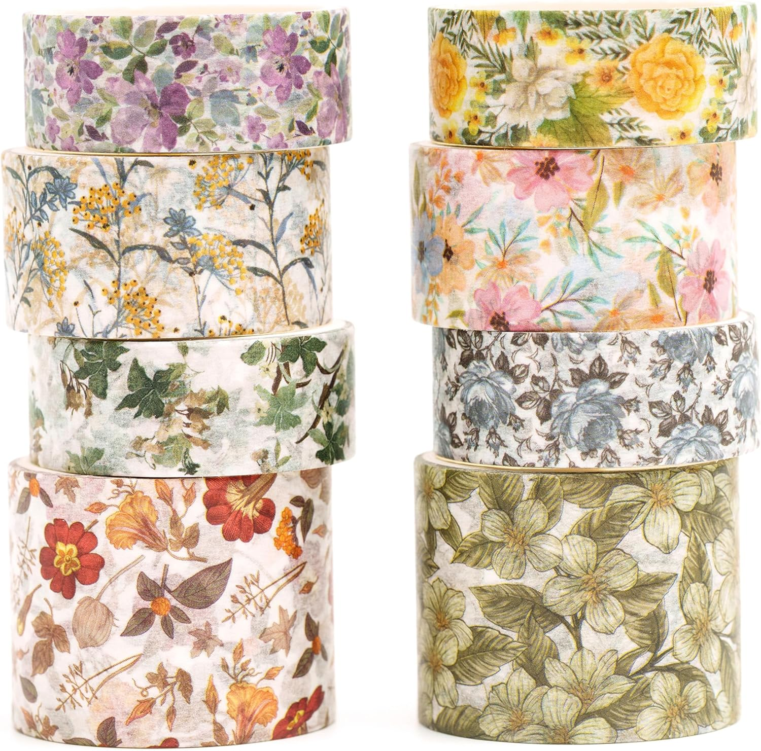 8 Rolls Retro Washi Tape Set Vintage Arts Adhesive Tapes Wide Painting Patterned Decorative Masking Tape Sets for Craft, Kids, Scrapbook, DIY, Gift Wrapping (Flowers & Plants)