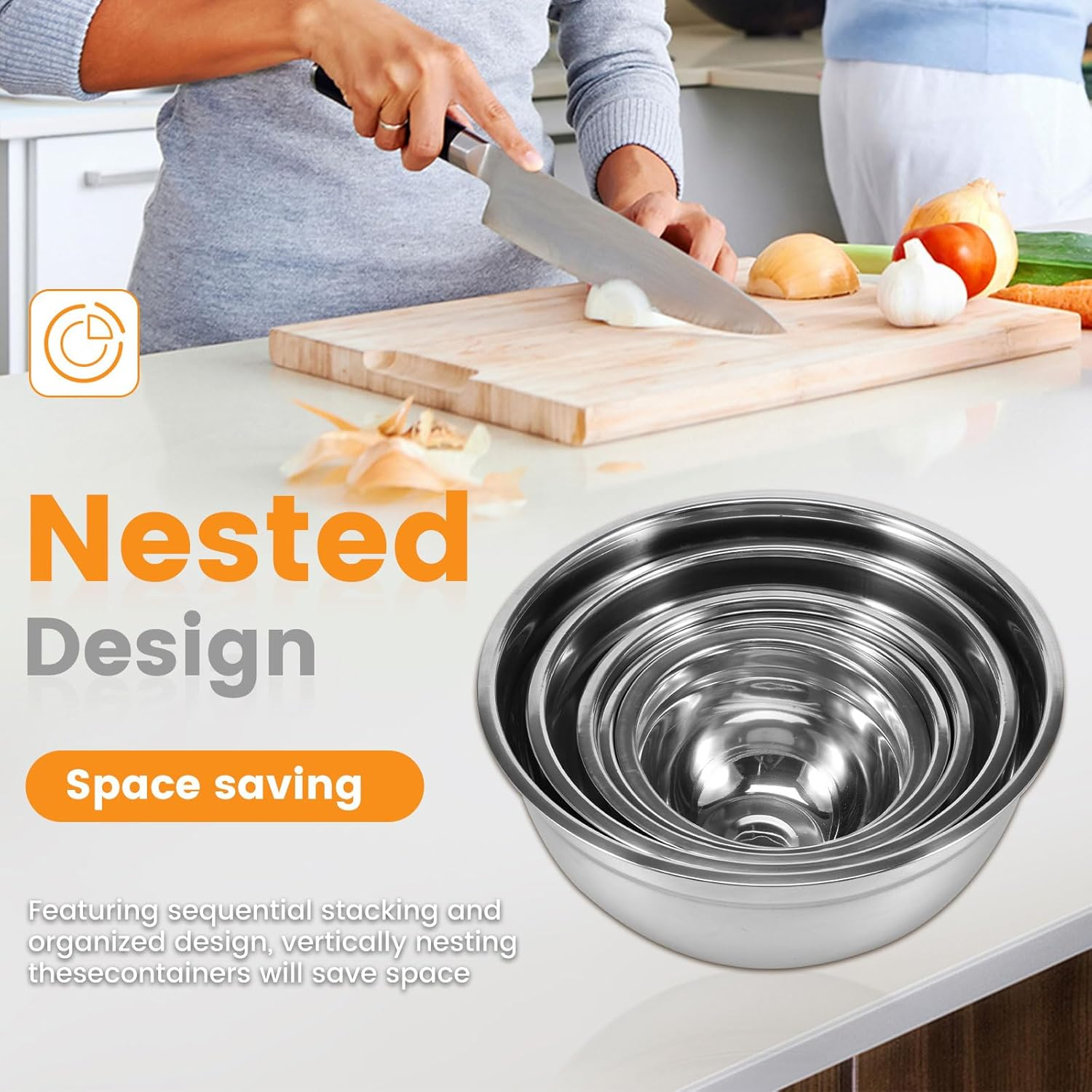 Set of 5 Mixing Bowls with Lids Stackable Stainless Steel Nesting Bowls with Non-Slip Bottoms for Kitchen Mixing Baking Prepping Cooking Serving (Set of 5) image number 5