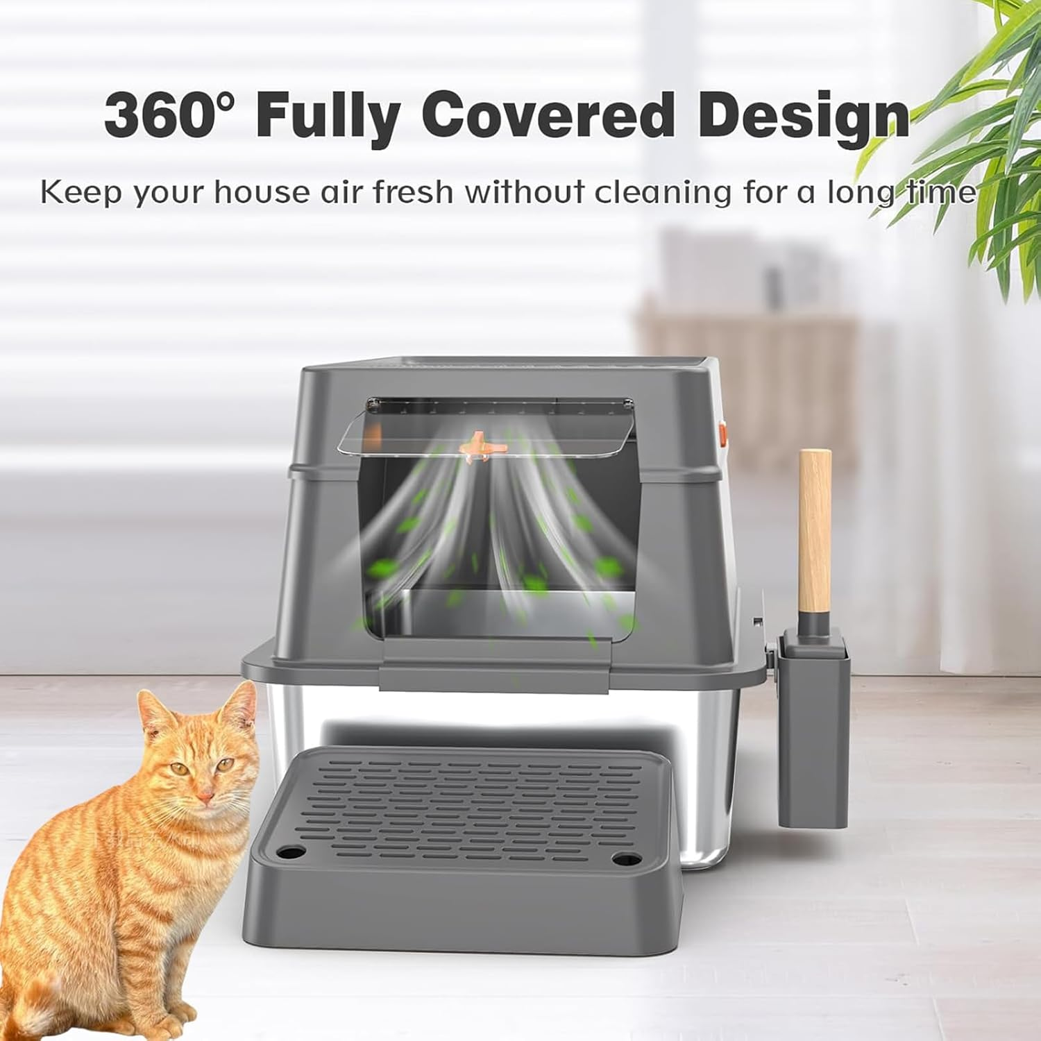 Stainless Steel Cat Litter Box with Lid,Enclosed Removable Metal Litter Boxs with High Sided Enclosure & Scoop,Pedal,Anti-Leakage,Non-Sticky,Easy Cleaning