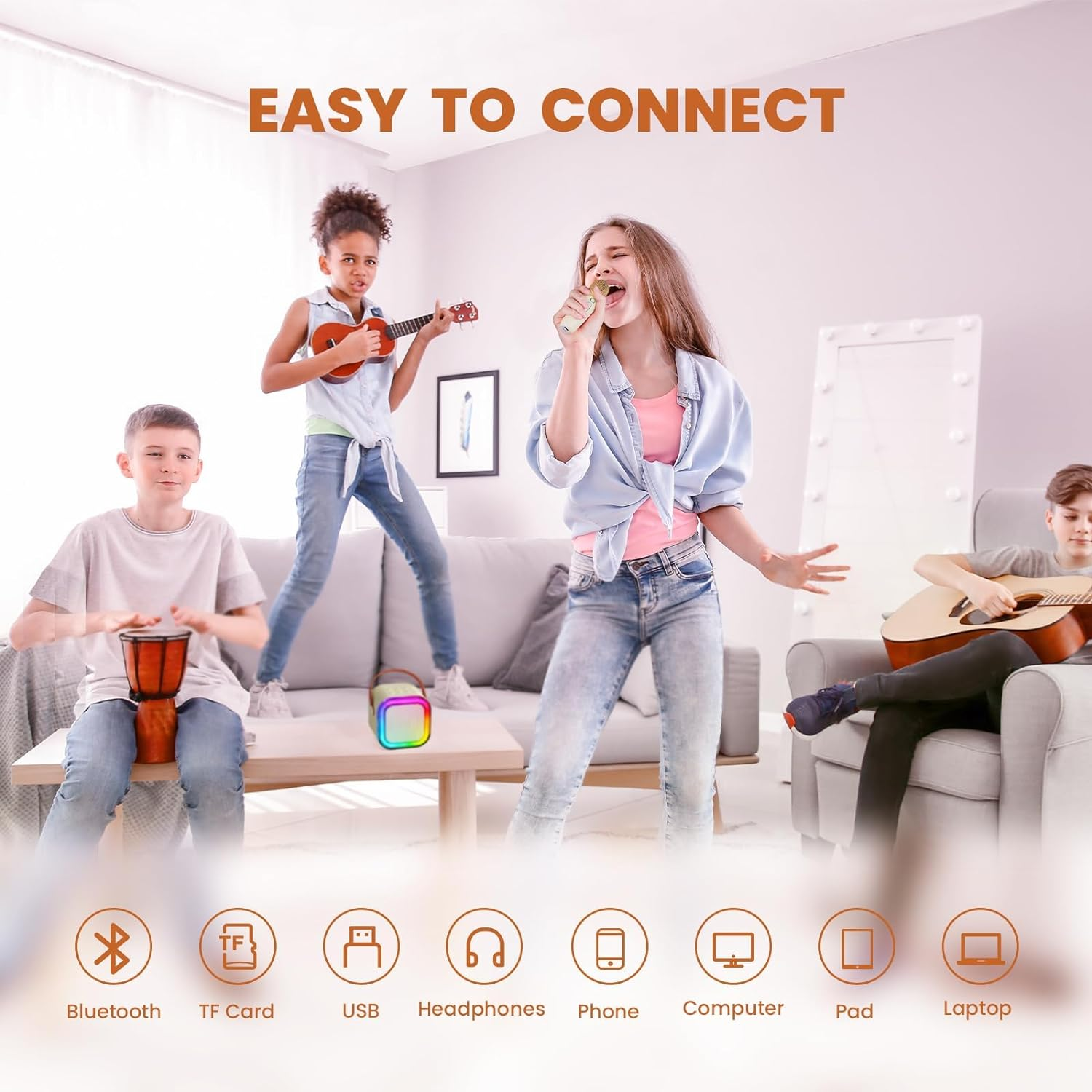 Kids Karaoke Machine, Karaoke Microphone Machine Toy with 2 Wireless Microphones, Portable Bluetooth Speaker Gift with Colorful Lights for Girls Boys Family Home Party(Beige) - Beige image number 4