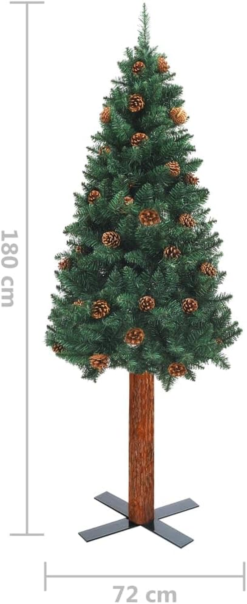 Christmas Tree, Xmas Tree Fake Tree Holiday Decoration Slim Christmas Tree with Real Wood and Cones Green 180 Cm PVC