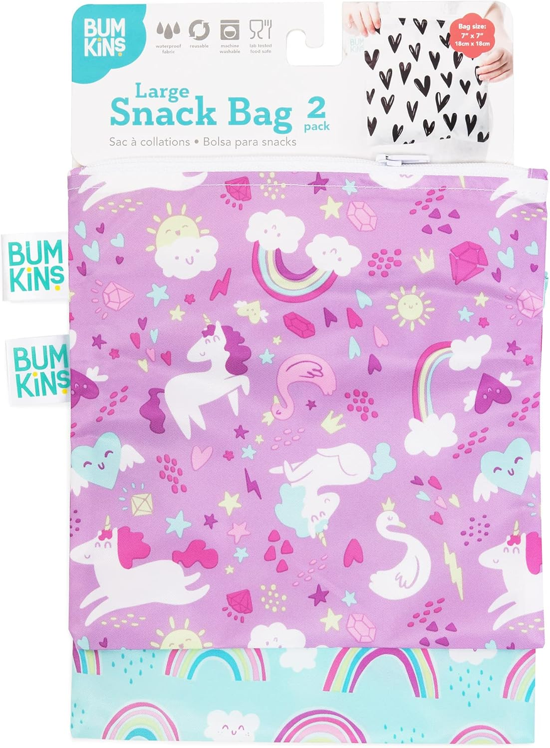 Bumkins Sandwich Bag/Snack Bag, Reusable Fabric, Washable, Food Safe, BPA Free, 7X7 - Rainbows & Unicorns (2-Pack) image number 3