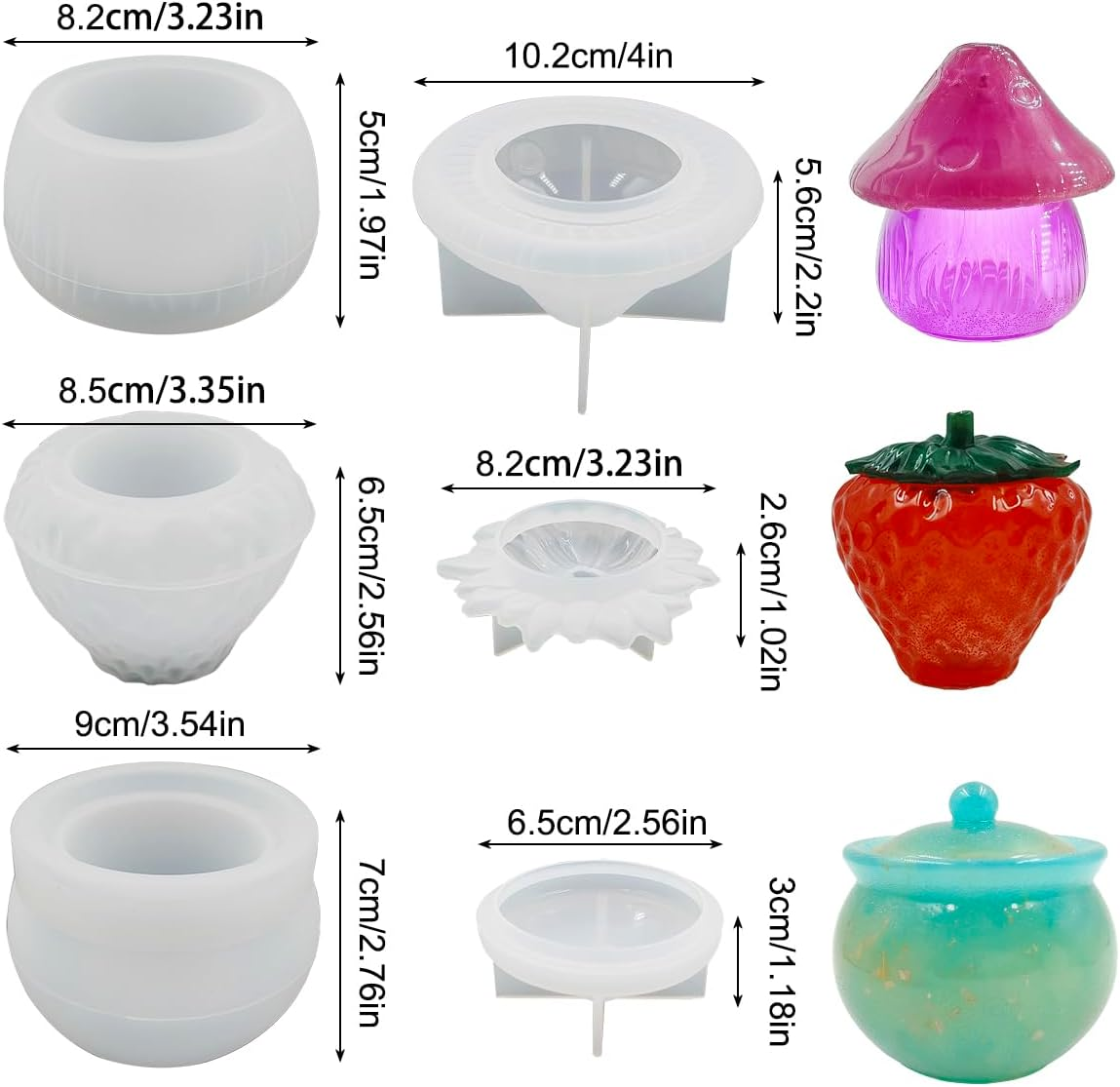 3 Set Jar Resin Molds, Finegood Silicone Jar Molds Mushroom Strawberry Epoxy Resin Molds with Lids for DIY Storage Box, Candy Jewelry Container Home Decoration Crafts image number 1