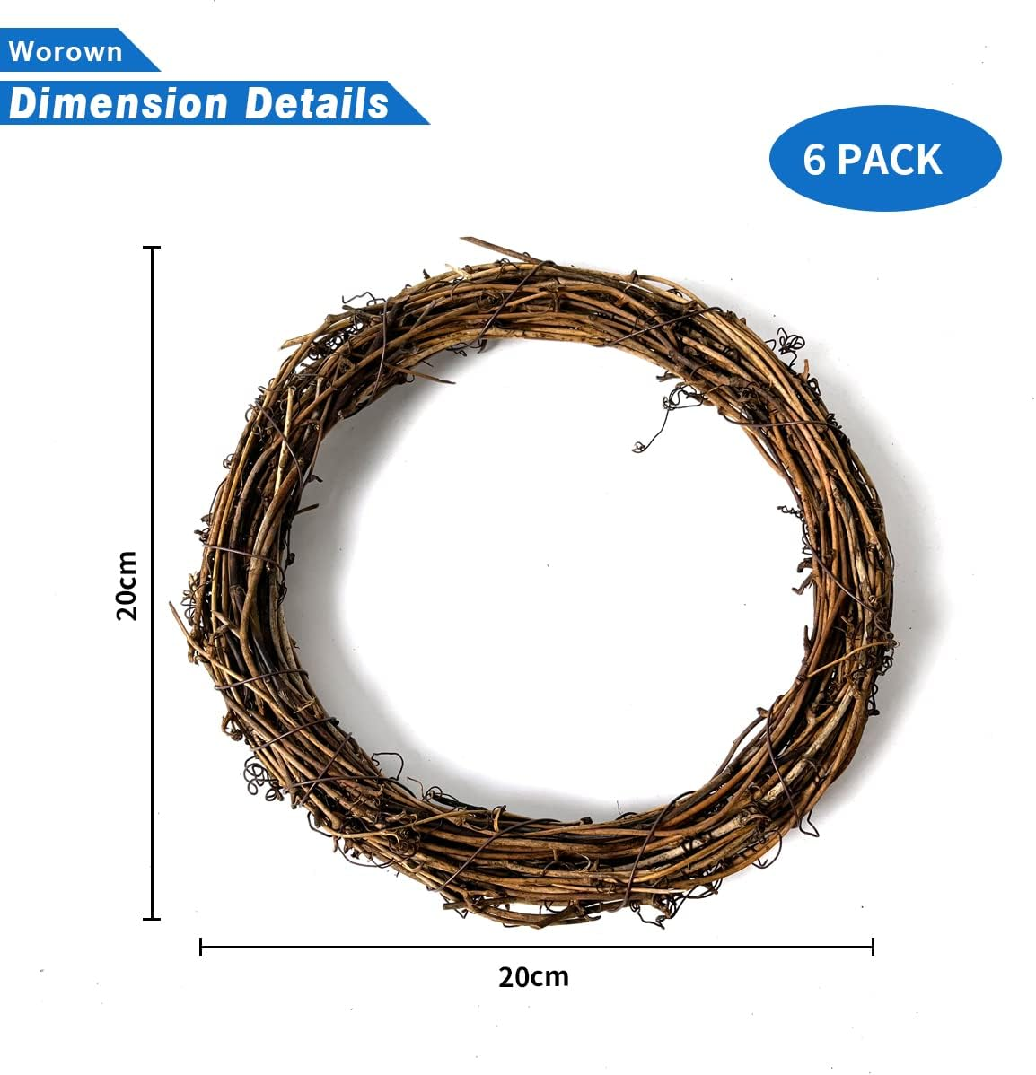 Worown 6 Pcs 20Cm Natural Grapevine Wreaths Vine Branch Wreath Rattan Wreath for DIY Christmas Craft, Front Door Wall Hanging, Wedding and Party Decors image number 6