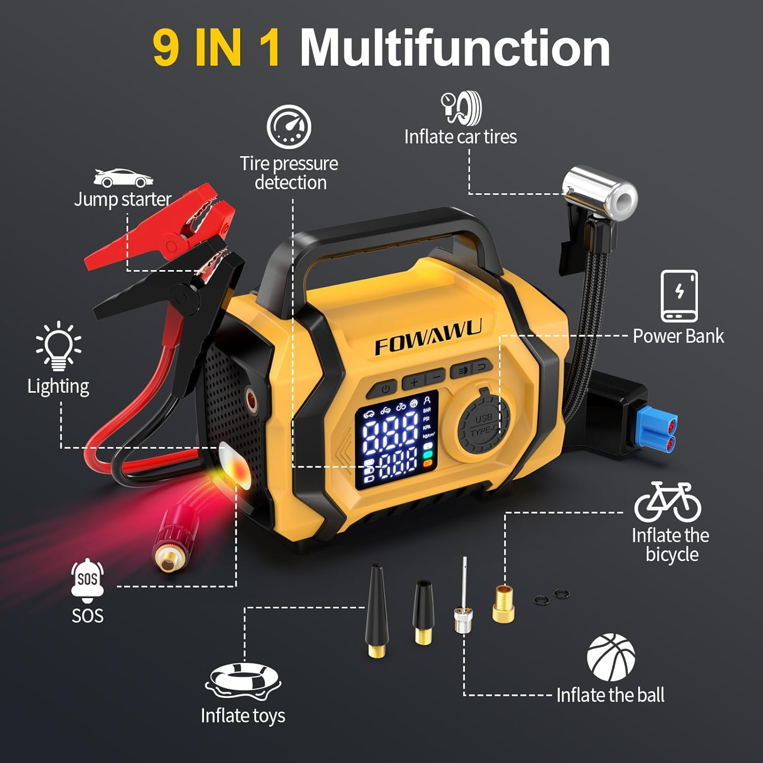 FOWAWU 6000A 26800Mah Jump Starter with Air Compressor, Car Battery Jumper Starter Power Bank (ALL Gas/10.0L Diesel), Cordless Auto-Shutoff Tire Inflator, Type-C Quick Charge, Smart Jumper, LED Lights image number 5