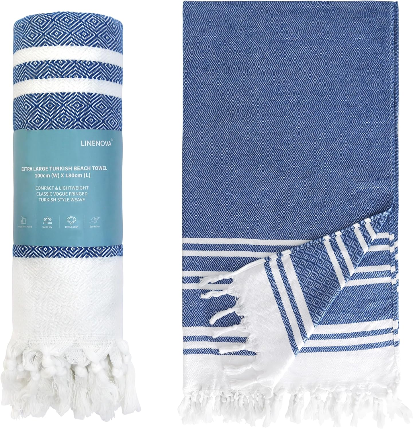 LINENOVA 100% Cotton Turkish Beach Towel 180&times;100Cm, Oversized Absorbent Towels, Sand-Free, Quick Dry & Lightweight Pool Towel for Swimming, Travel, Holiday &ndash; Blue