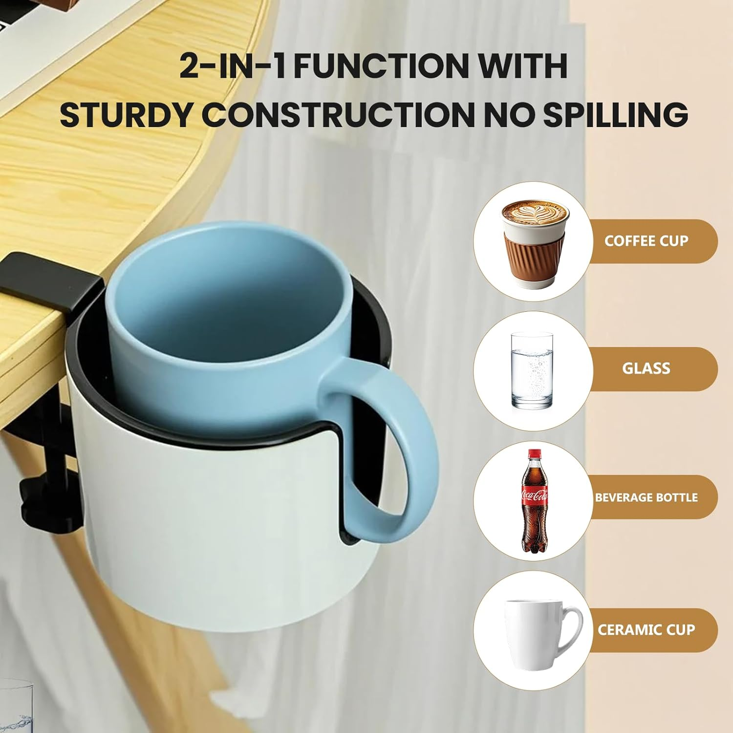 Anti Spill Desk Cup Holder 2 in 1 Multi Function Desktop Cup and Headphone Holder image number 4