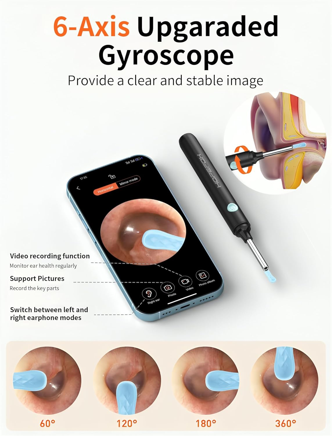 Ear Wax Cleaner with Camera - Ear Camera with 1080P, Ear Wax Removal Kit with 6 Silicone Tips and 7 Accessories, Ear Cleaner Camera with 6 LED Lights, WIFI Otoscope for IOS & Android (Black) image number 3