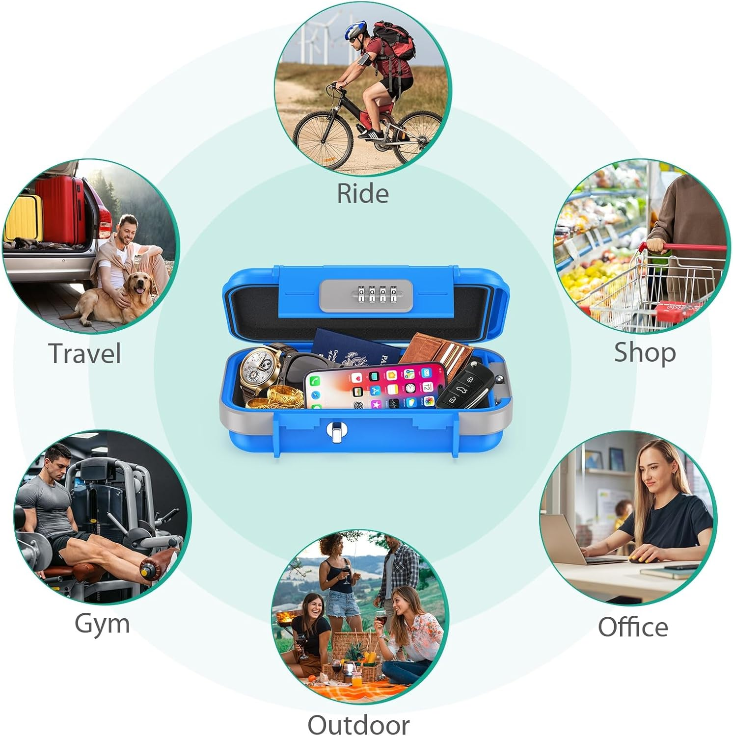 ORIA Portable Safe Box, Security Lock Box, Safe Lock Case with 4-Digit Code, Removable Wire Rope, Waterproof Key Lock Box for Passport, Credit Card, Phone, for Travel, Home, Office, Hotel, Beach -Blue image number 4