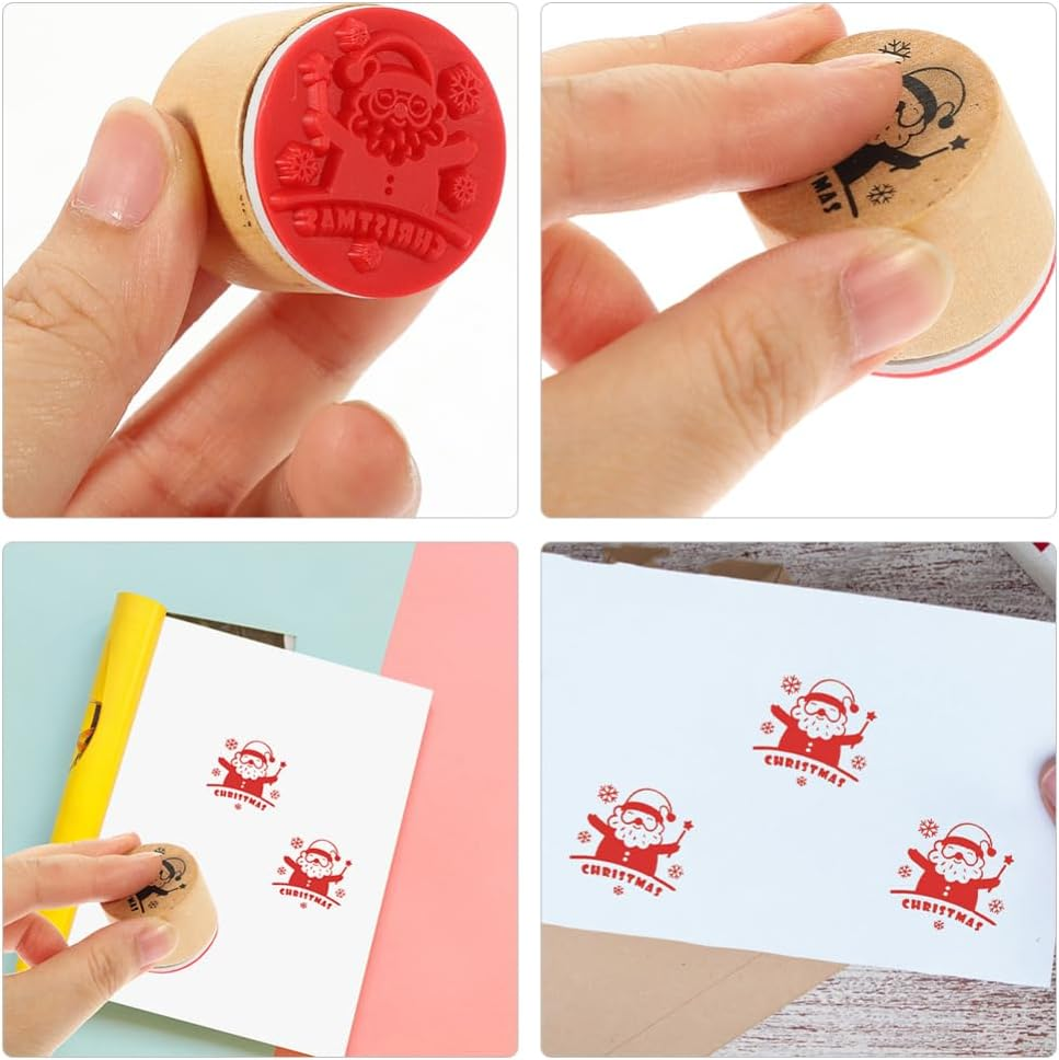 12 Pieces Merry Christmas Wooden round Rubber Stamps: Xmas Floral Craft Ink Pads Mixed Craft Stamps for Party Decor Scrapbooking Cards image number 6