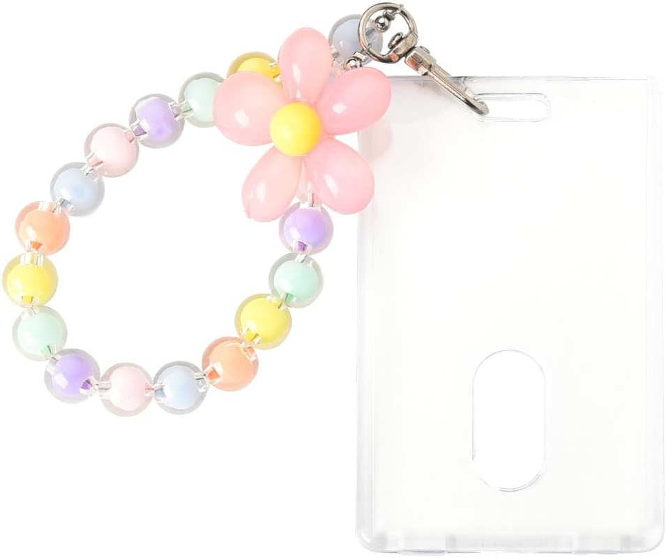 Kpop Photo Card Holders Keychains Acrylic Coloful Beads Flower Pendant Transparent ID Card Sleeves Protector for School Bus Work Card Holders for Women Photocard Holder image number 2