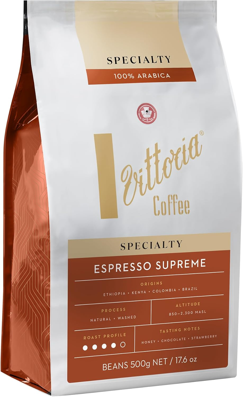 Vittoria Coffee Espresso 100% Arabica Supreme Specialty Coffee Beans. Medium Roast Profile with Tasting Notes of Honey, Strawberry and Chocolate. - 500G image number 1