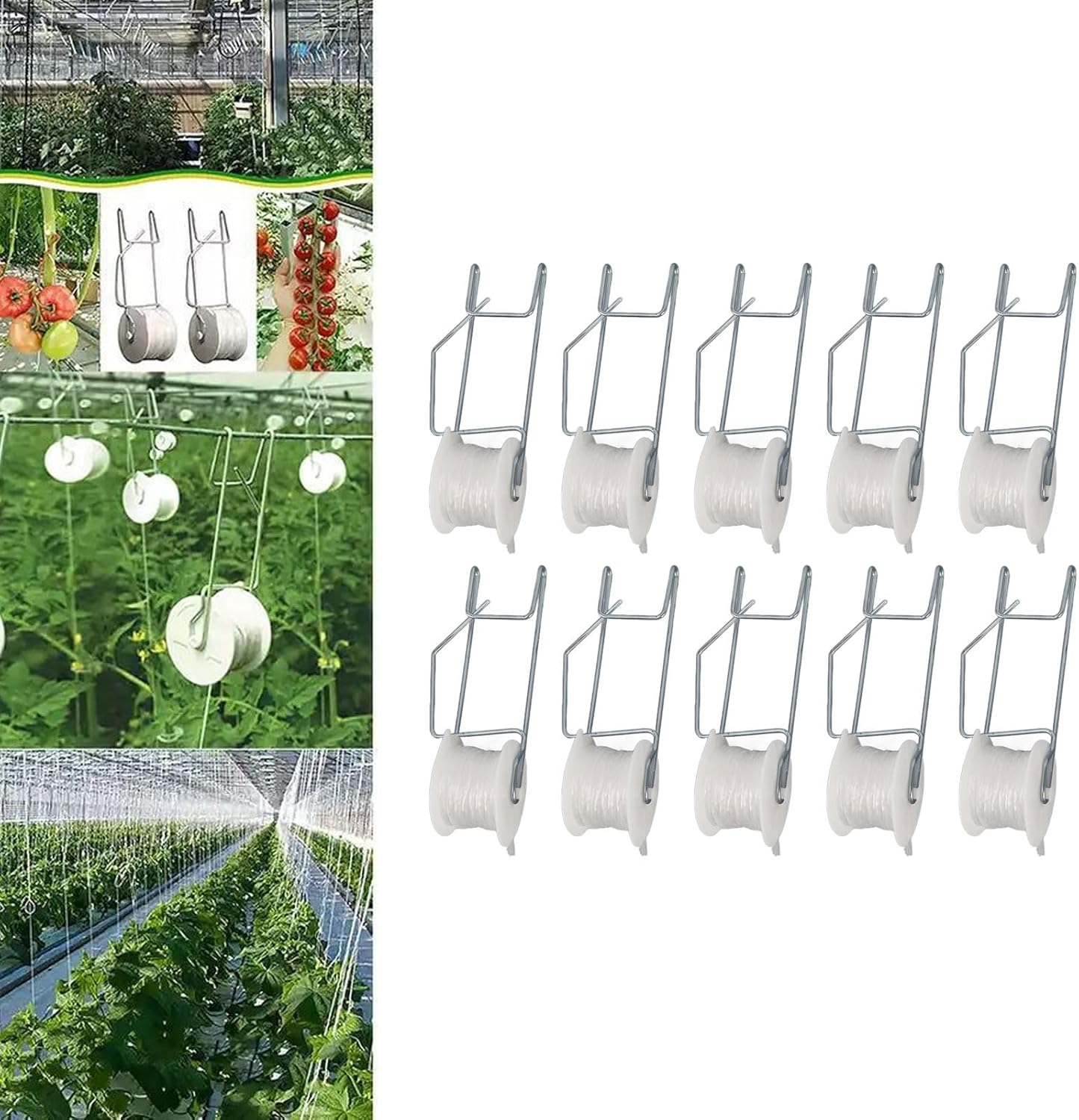 Tomato Trellis Roller Hooks, 10 Pcs Plant Support Hooks Galvanized Steel Wire PP Plant Roller Hooks for Tomato Flower Vine Twine Crop Trellis Kit image number 1
