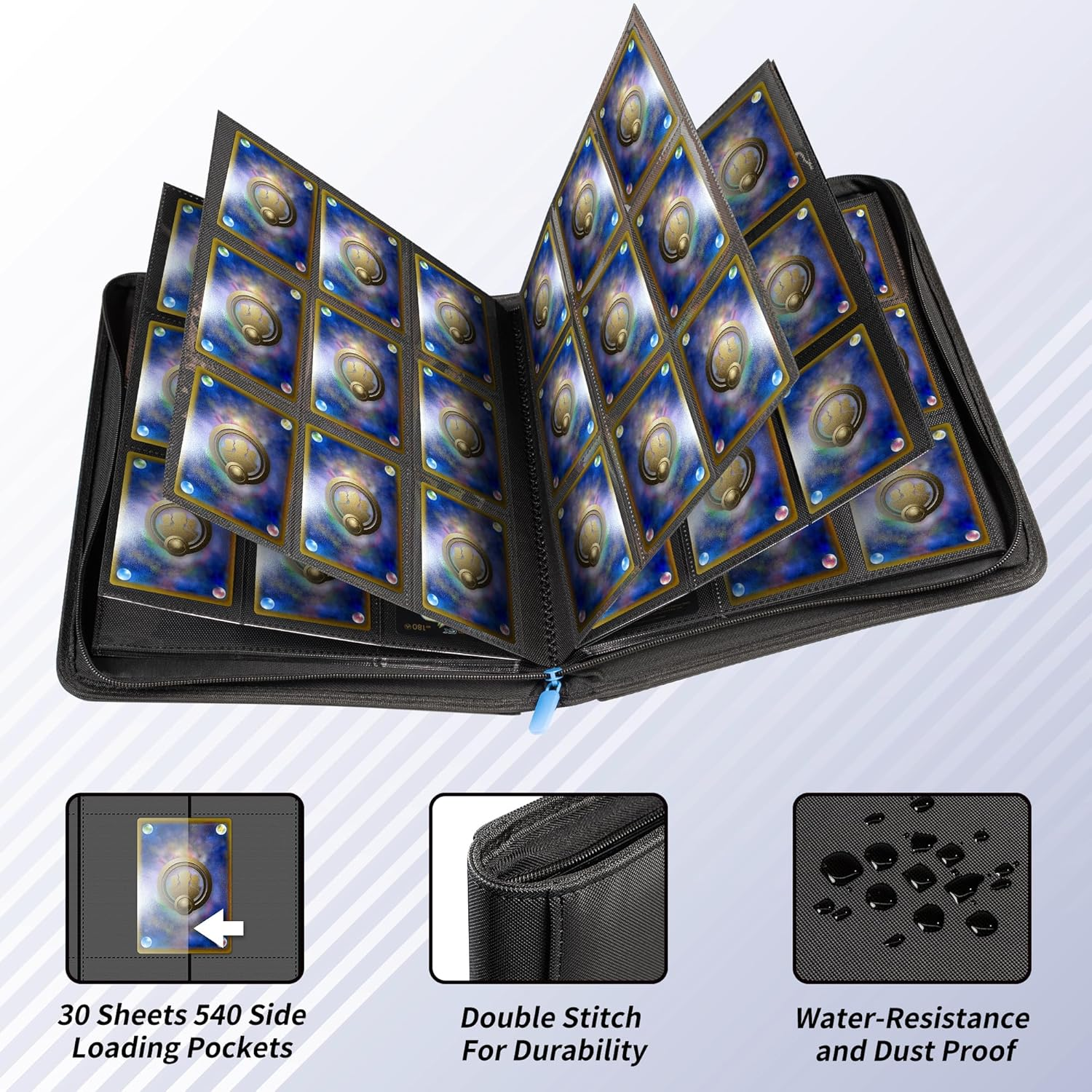 Premium Zipper Trading Card Binder Compatible with Sport Card, 9 Pocket 540 Side-Loading Slots Card Album Holder, Ringless Game Trading Card Protective Organize Folder, BLACK image number 5