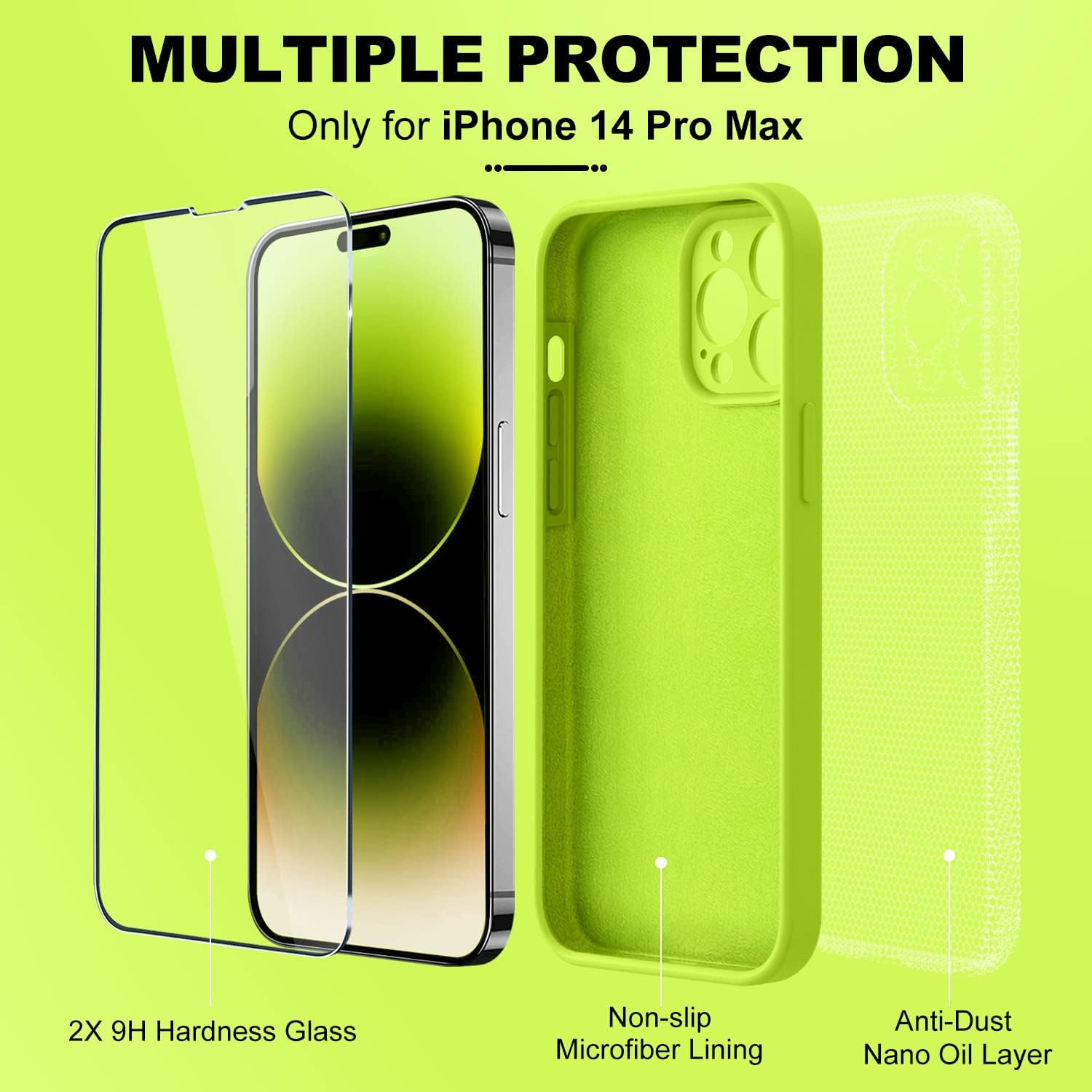 Bosskiss Compatible with Iphone 14 Pro Max Case 6.7 Inch, Premium Liquid Silicone Case [Velvety Touch] [2 Pcs 9H Tempered Glass Screen Protector], Camera All-Round Protection Case, Fluorescent Green image number 5