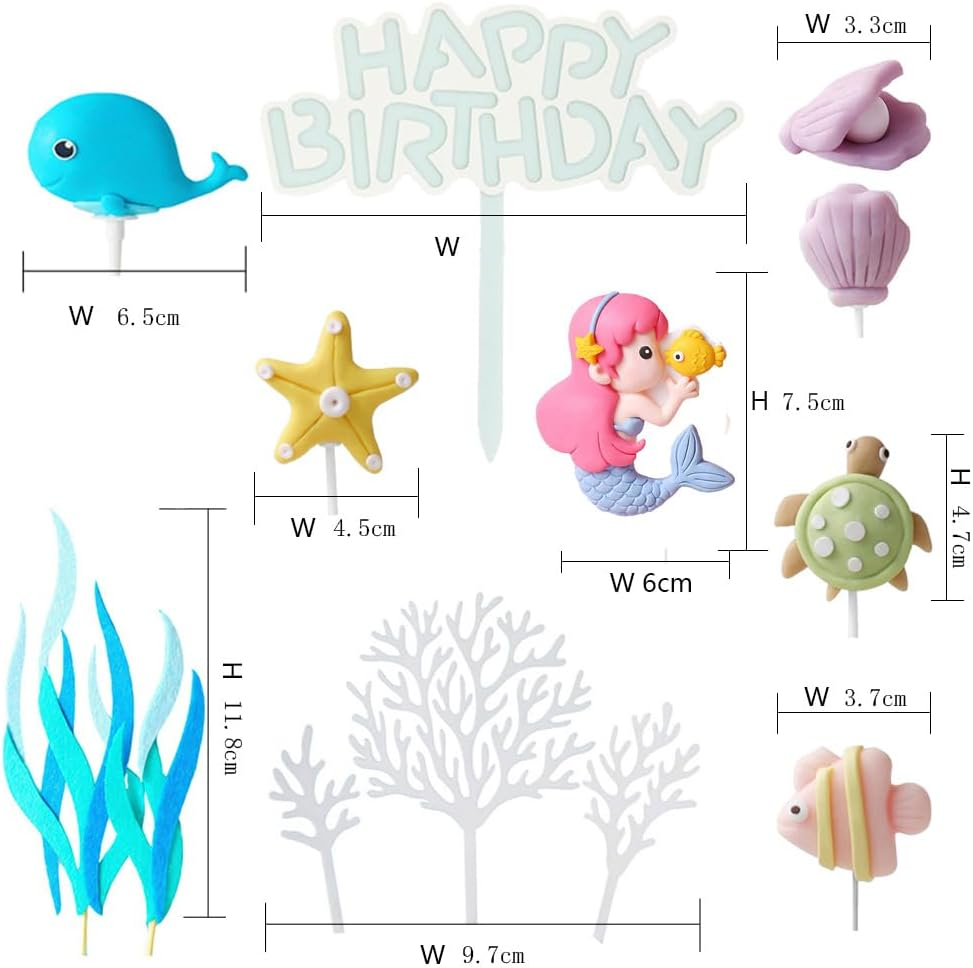Mermaid Cake Topper Sea Cake Decorations Ocean Theme Birthday Cake Toppers Mermaid Starfish Seaweed Shells Whales Cake Toppers for Girl Kid Baby Birthday Party image number 2