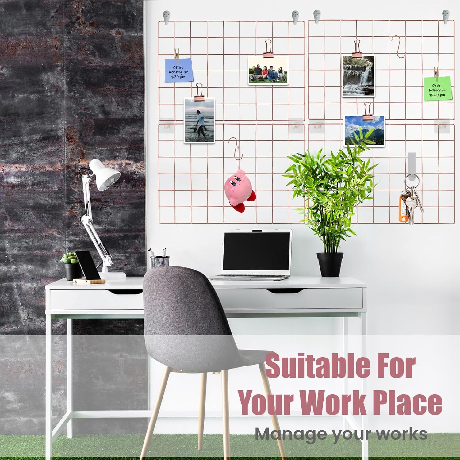 Metal Grid Wall Panel, Photo Display Organizer, 17.3"&times;11.8" Rose Gold Wire Board, Picture Frame, 4-Pack Mesh Memo Board with Clips and Hooks image number 6