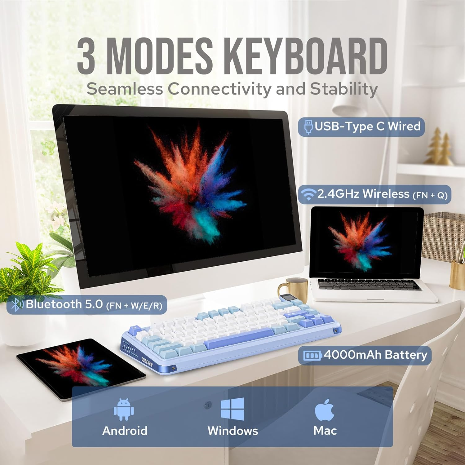 Mechlands Vibe75 75% Wireless Gaming Keyboard with Interchangeable Screen&Knob Modules, Hot Swappable Creamy Mechanical Keyboard with Gasket Structure, Bt5.0/2.4Ghz/Usb-C, 5-Layer Padding, RGB (Blue) - Black image number 4