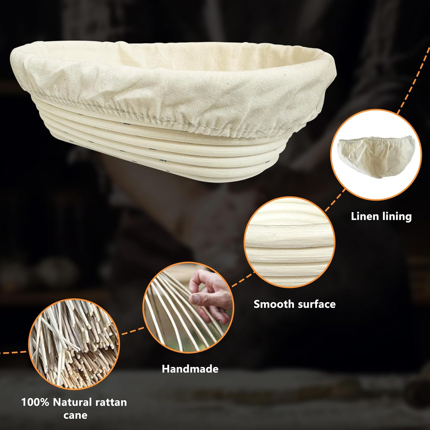 Banneton Bread Baskets, 2Pcs 10 Inch Oval Sourdough Proofing K&ouml;rbe, Banneton Basket F&uuml;r Brotgare, Handgefertigte Rattan K&ouml;rbe Mit Futter, Perfekt F&uuml;r Professionelles & Heim Sourdough Bread Baking image number 1