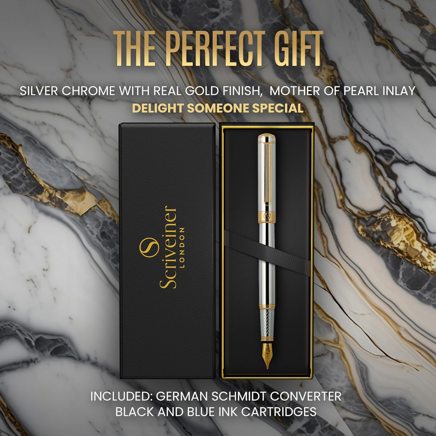 Scriveiner Silver Chrome Fountain Pen - Stunning Luxury Pen, Real Gold Finish Schmidt Gilded Nib (Medium), Best Pen Gift Set for Men & Women, Professional, Executive Office, Nice Pens - Silver Chrome With Gold image number 4