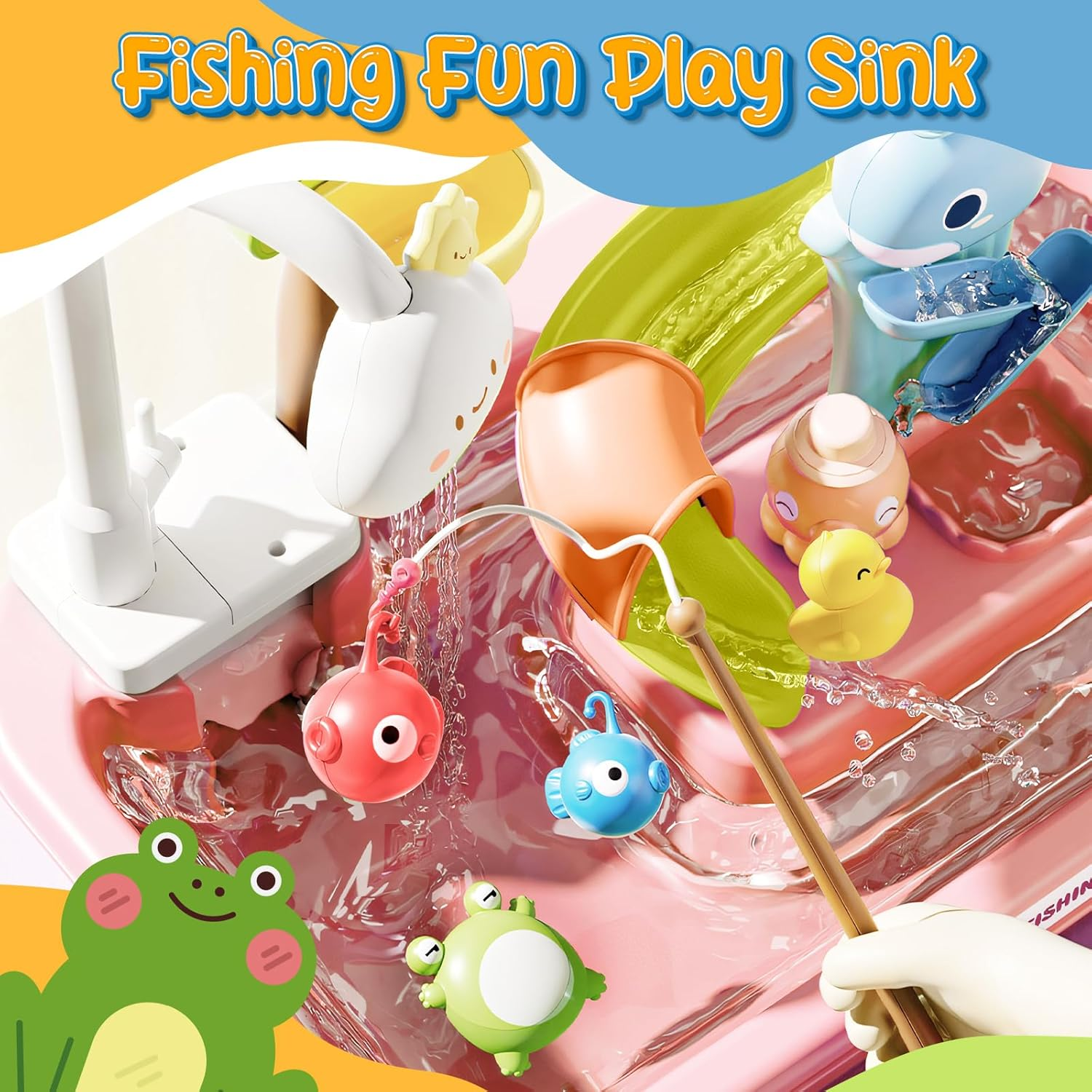 Play Sink with Running Water, 4-In-1 Kids Kitchen Sink Toys with Electric Faucet, Water Table Floating Pool Toy W/Fishing Game, Duck Slide, Pretend Play Dishwasher Set for Toddler Boys Girls (Pink) image number 4