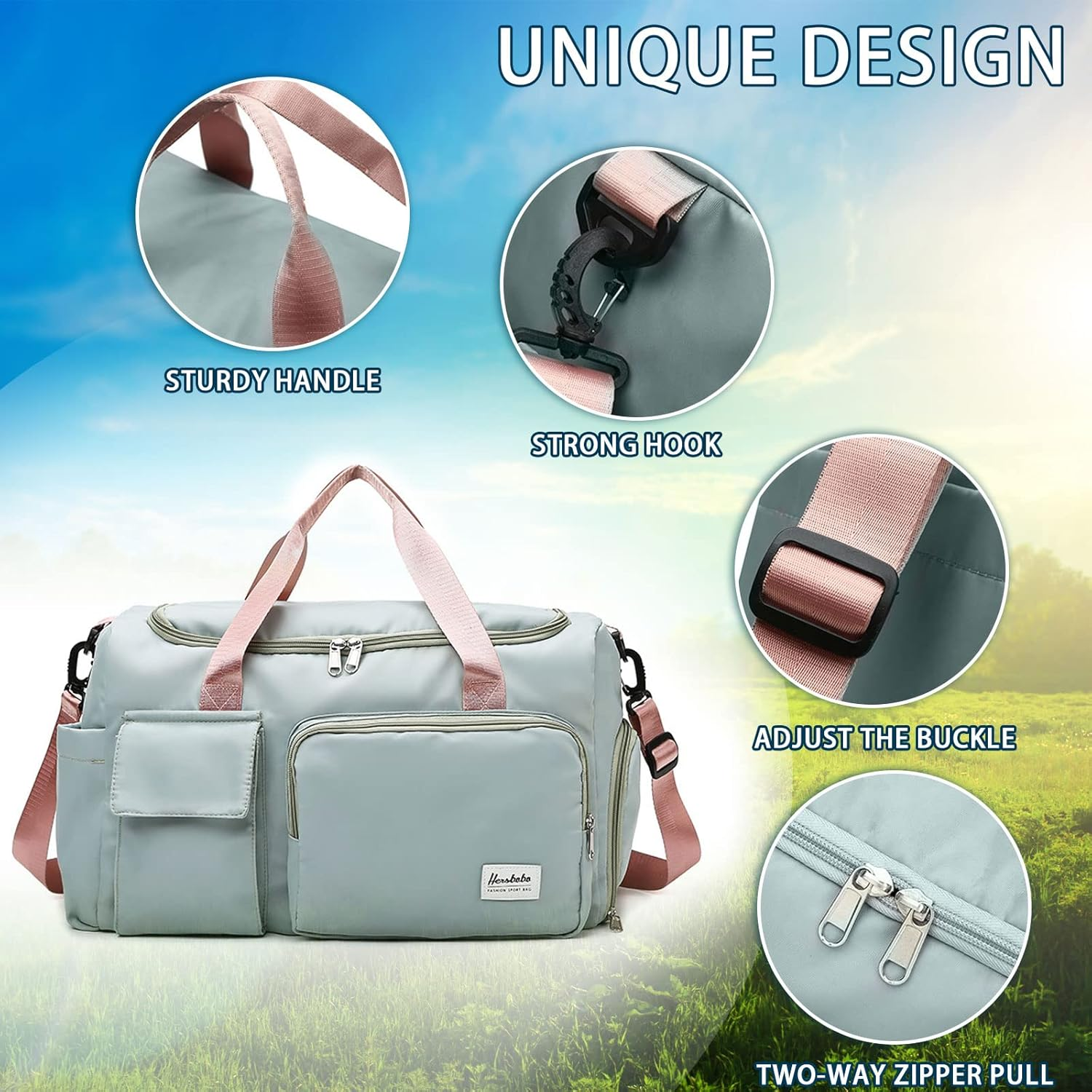 Gym Duffle Bag with Shoe Compartment Wet Pocket, Weekender Travel Bag with Shoulder Straps, Waterproof Sports Duffle Bag for Men Women, Lightweight Carry on Gym Bag (Green) image number 2