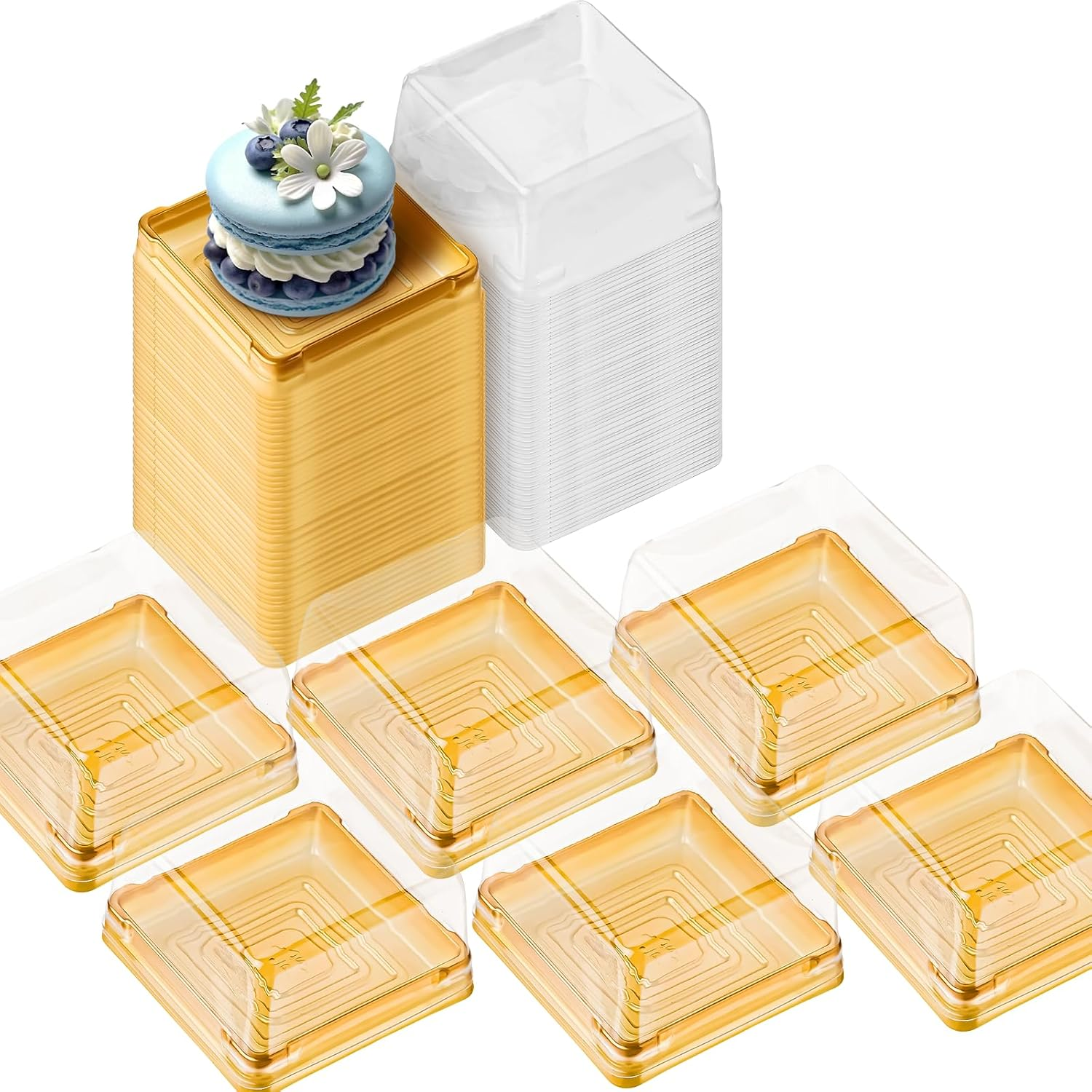 Benran 50 Sets Mooncake Box, Individual Mini Cupcake Container Boxes, Dessert Muffin Cake Box with Lids for Mid Autumn Festival Wedding Birthday Christmas Party (63-80G Gold) image number 2