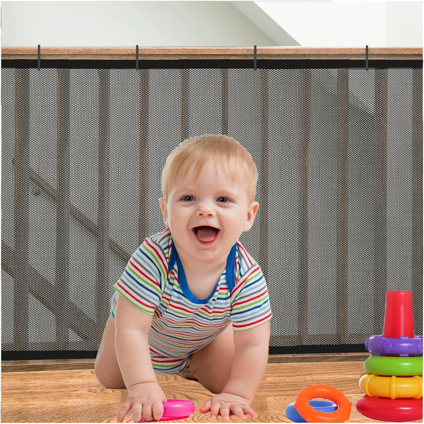 Stair Netting Child Safety Net, Baby Gate for Stairs with No Drilling, Stairway Net, 16.4 Ft L X 2.56 Ft H, Banister Guard, Balcony Banister Stair Net for Child, Small Pet,Toy- Indoor & Outdoor(Black) image number 4